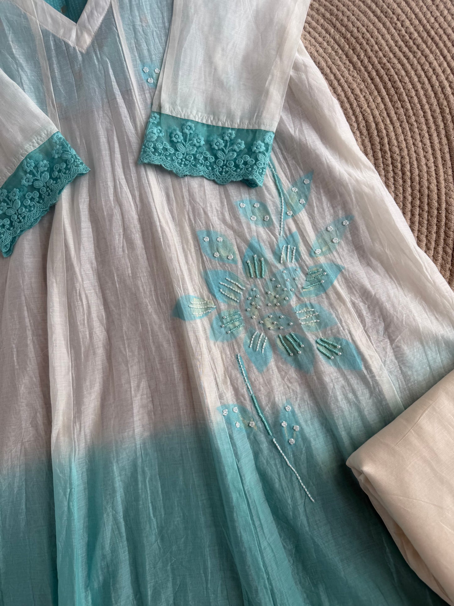 K696 - Mul chanderi Dual shaded handwork Anarkali with pants and dupatta