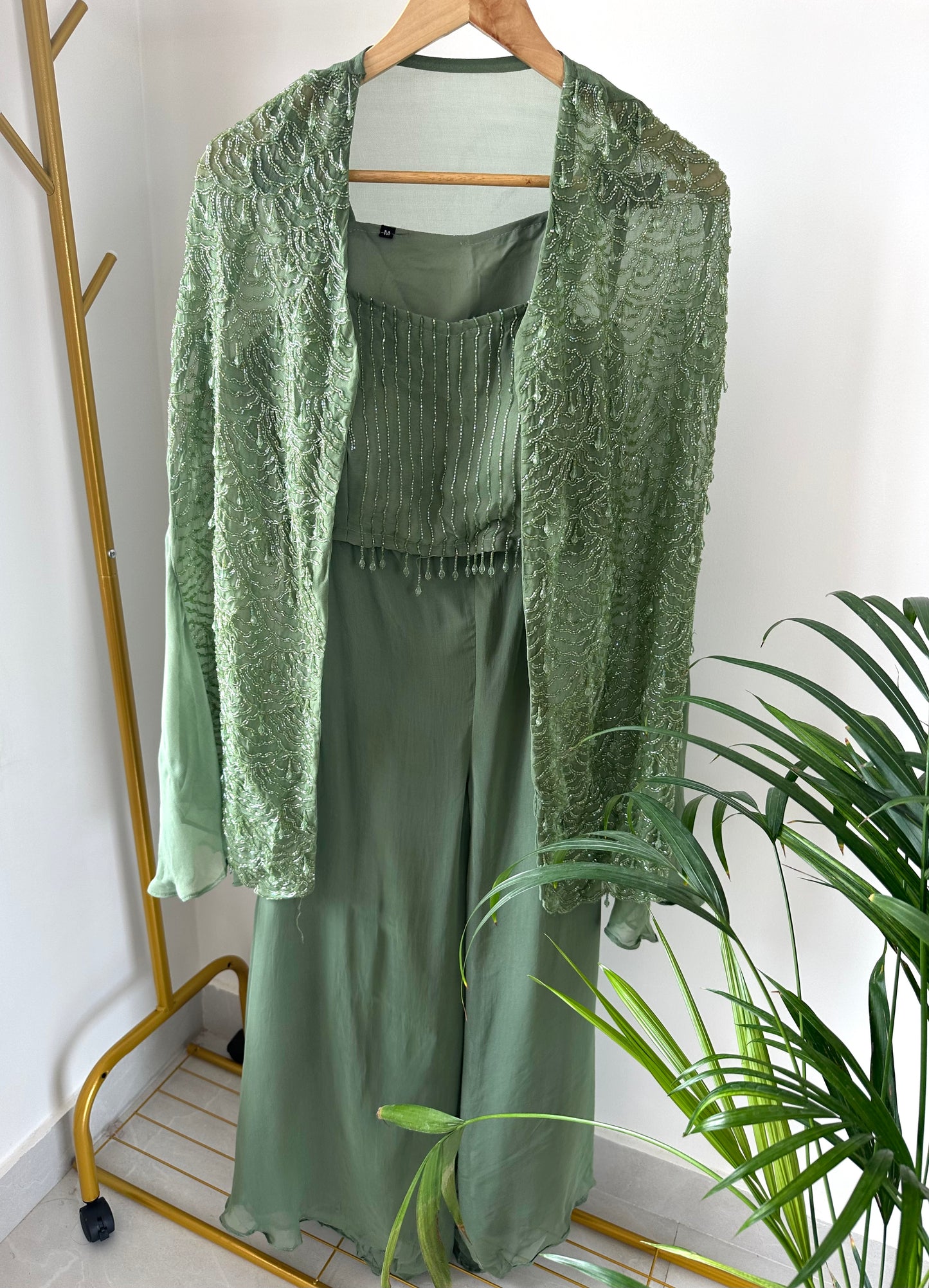 K267 - Viscose organza cutdhana crop top ,cape and palazzo
