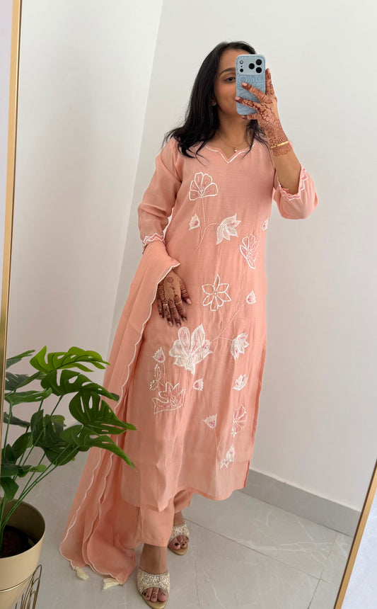 K237 - Mul chanderi appliqué work straight Kurti with pants and dupatta