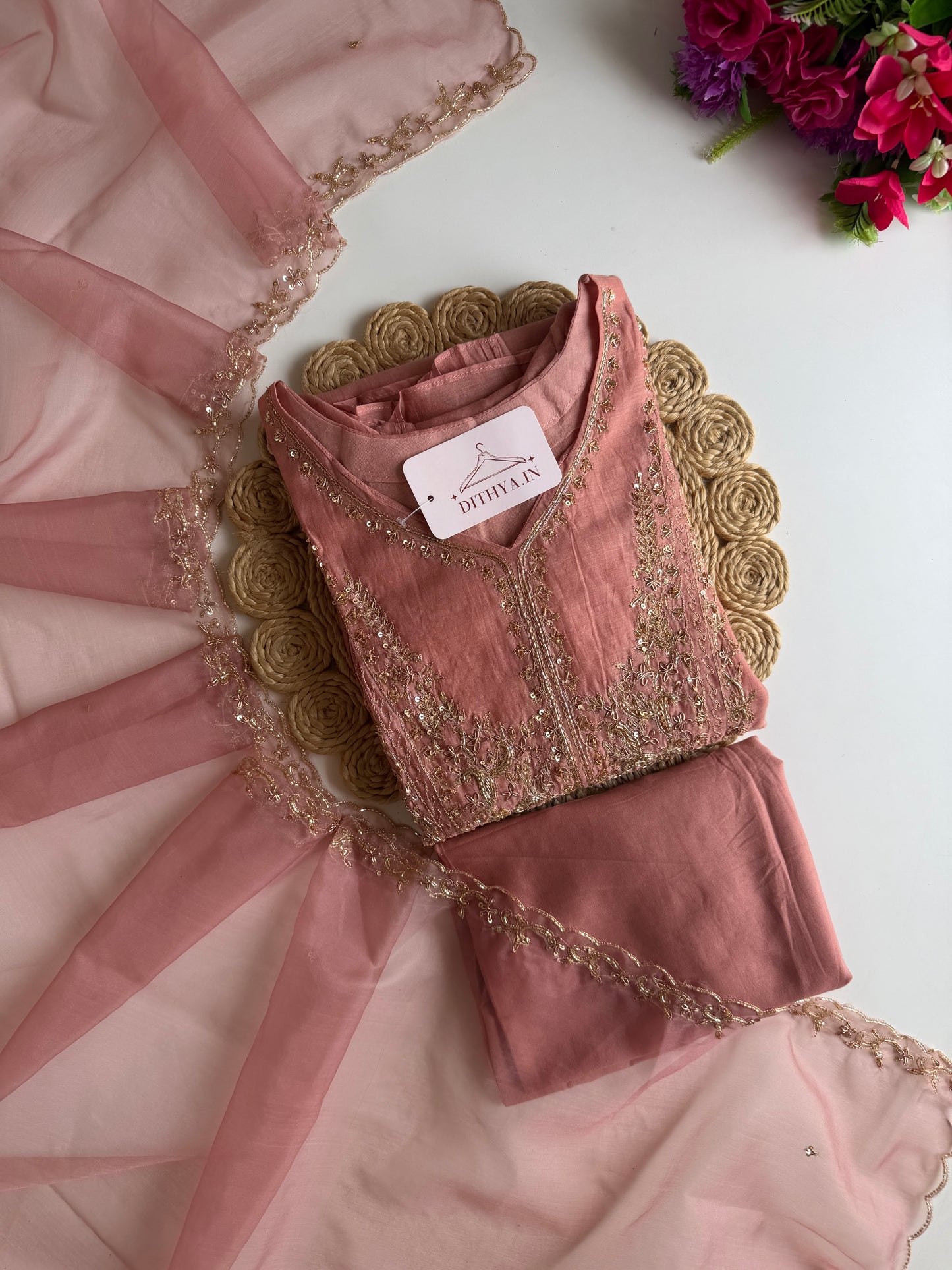 K372 - Mul chanderi handwork aline Kurti with pants and dupatta