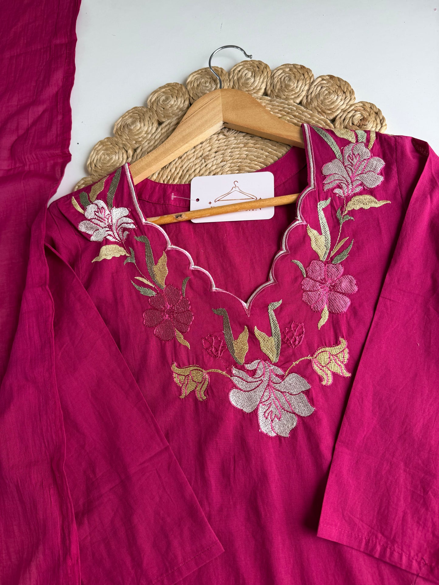 K114 - Mul cotton embroidered straight Kurti with pants and dupatta