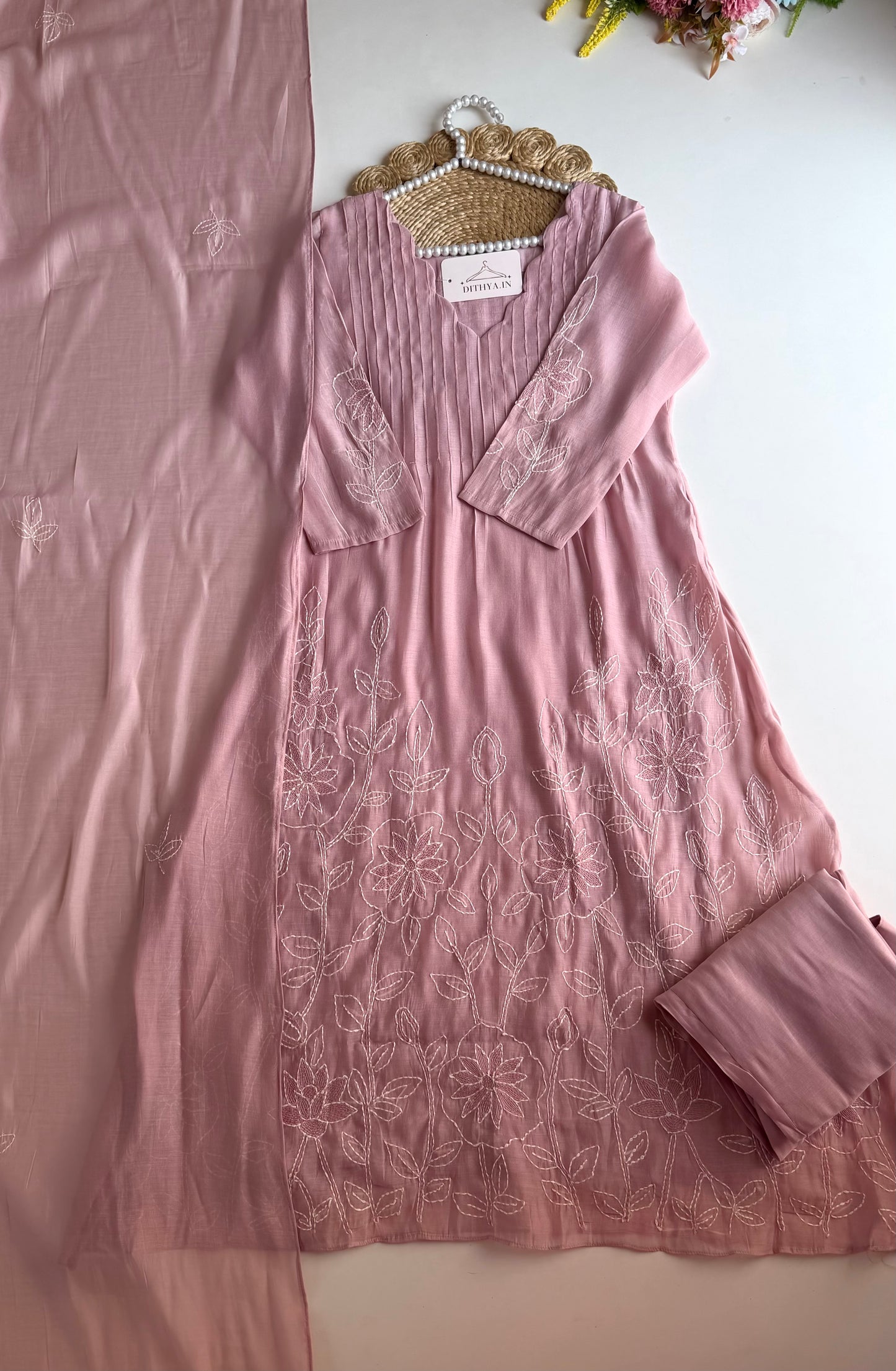 K638 - Mul chanderi embroidered Anarkali with pants and dupatta