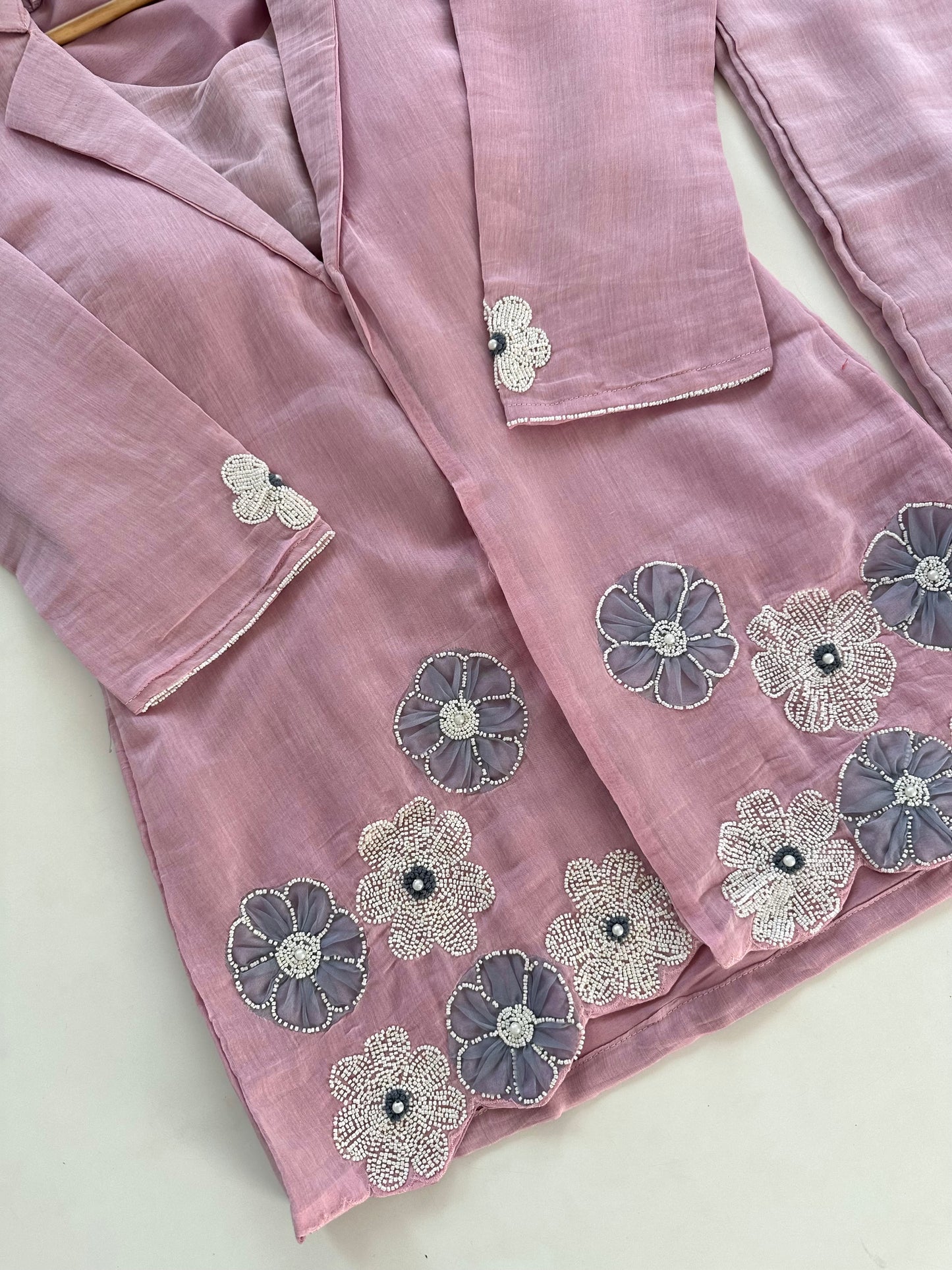 K171 - Mul Chanderi pearl work blazer set with palazzo in 2 colours