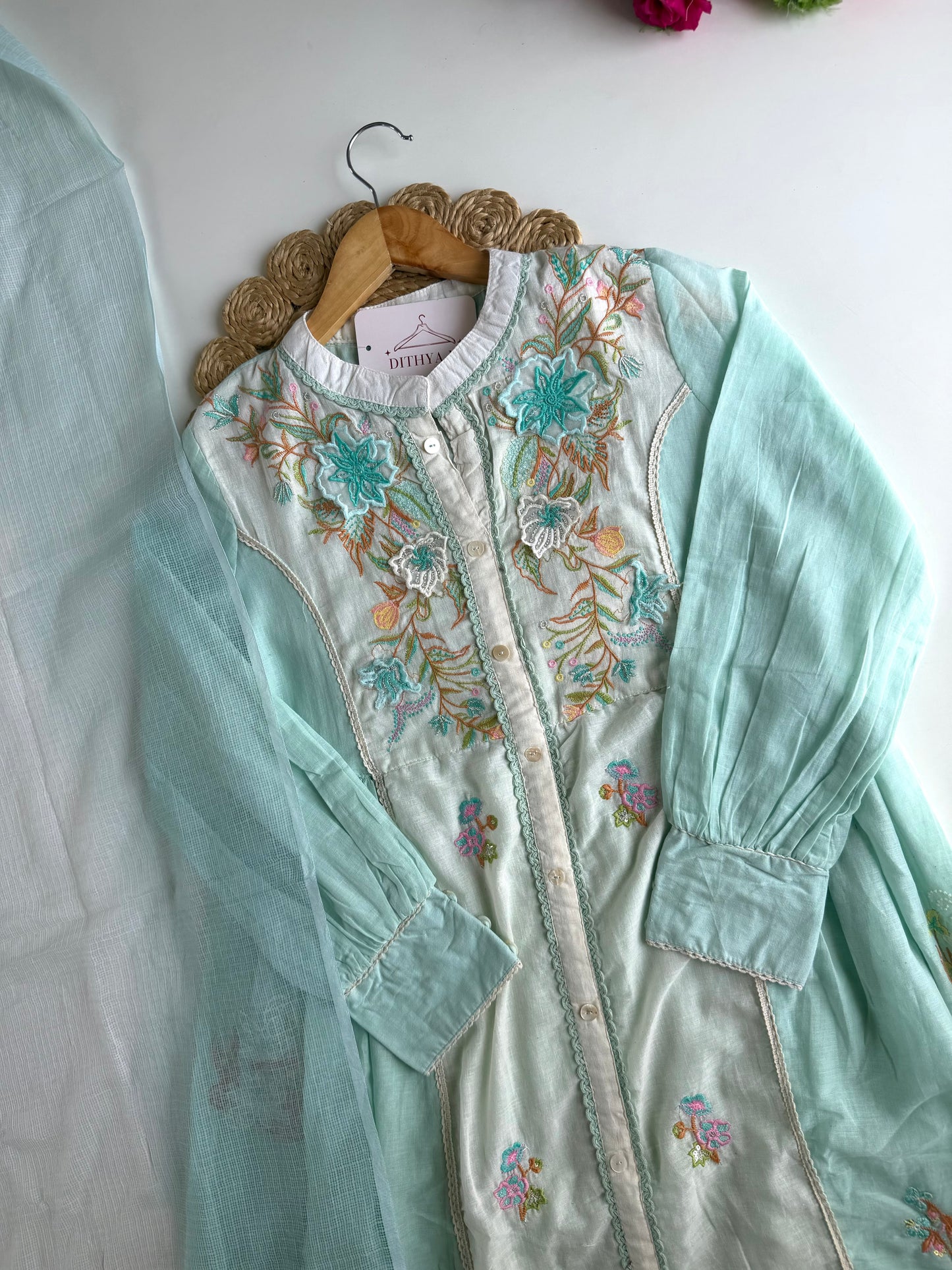 K660 - Mul chanderi 3D embroidered Anarkali with pants and dupatta