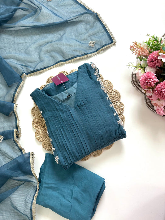 K172 - Mul Chanderi handwork Aline Kurti with pants and dupatta.