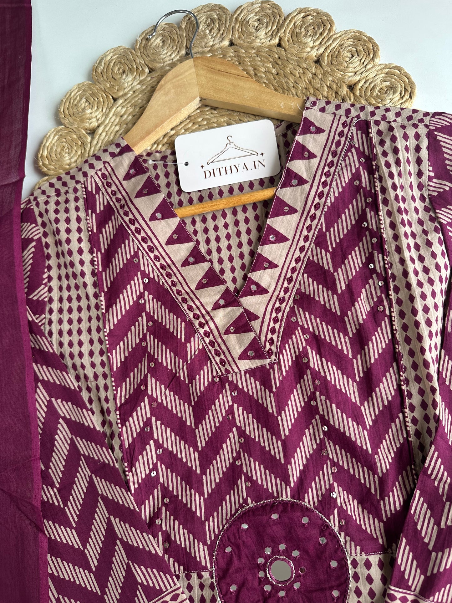 K717 - Mul cotton embroidered Aline Kurti with pants and dupatta