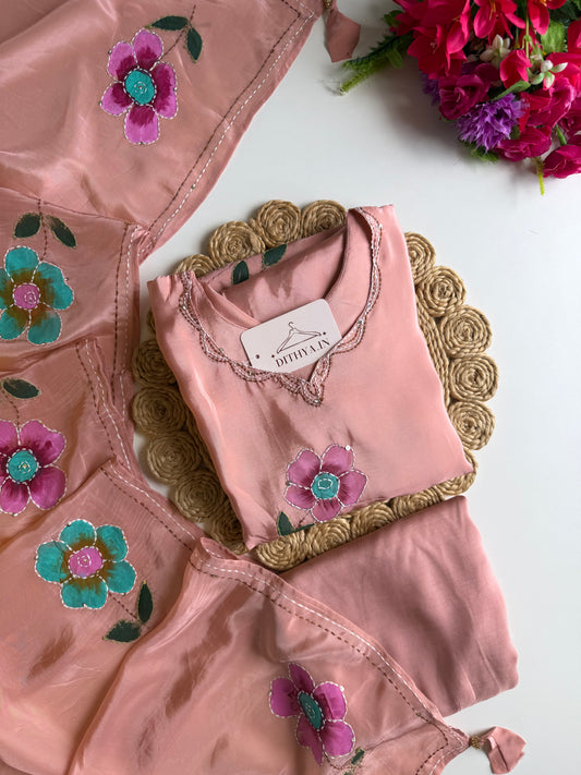 K120 - Pure crape hand painted embroidered Aline Kurti with pants and dupatta