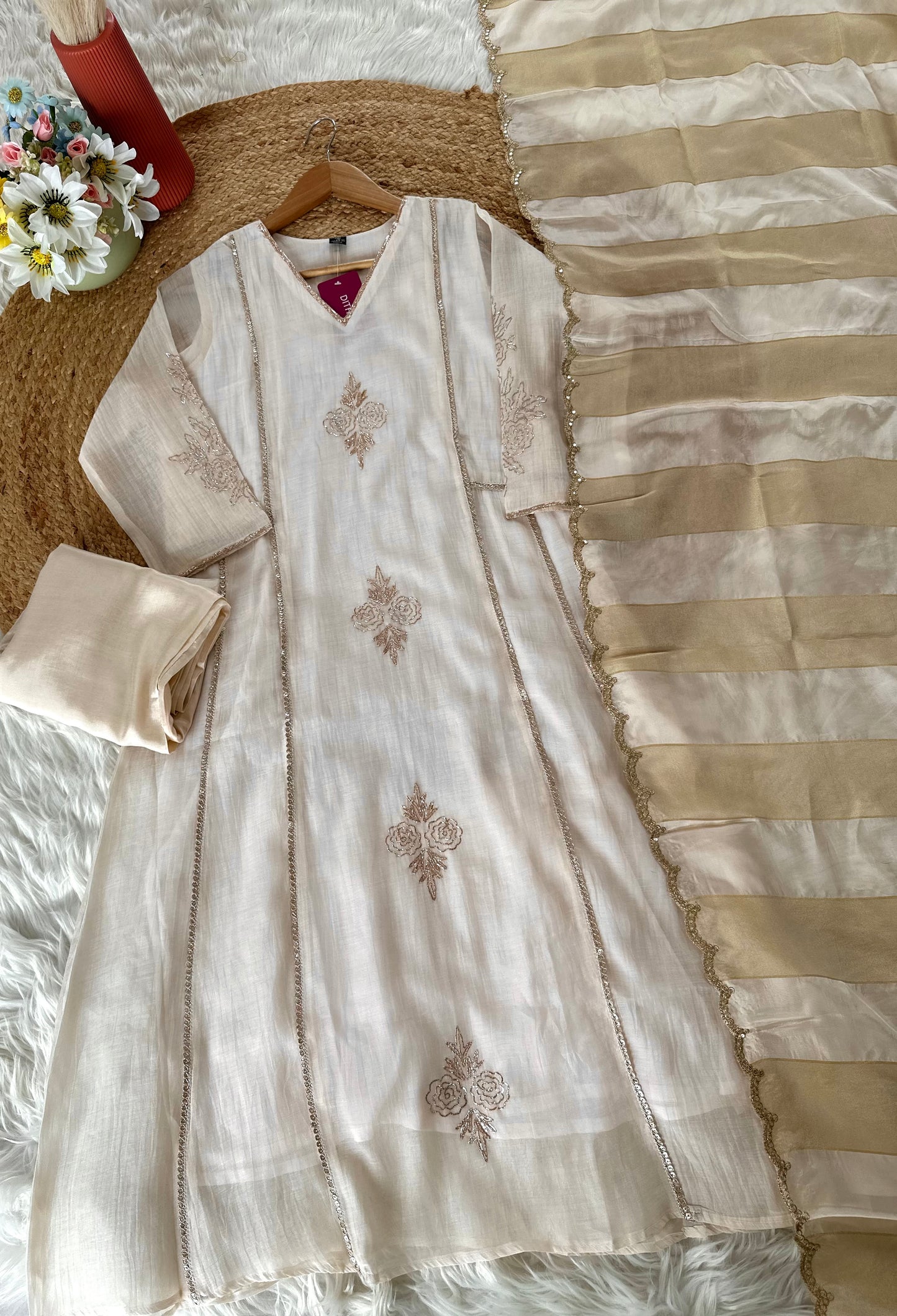 K259 - Mul Chanderi pita work Aline Kurti with pants and dupatta