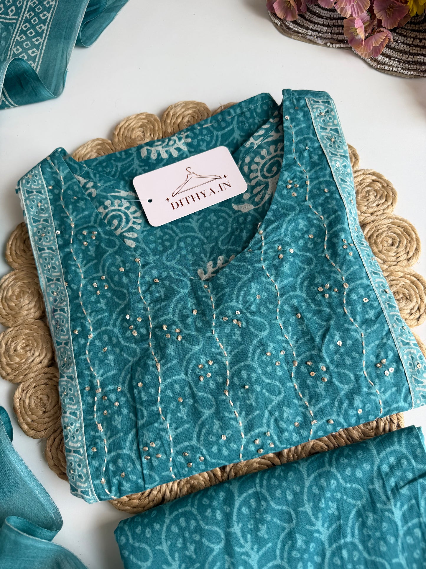 K435 - Mul cotton printed straight Kurti with pants and dupatta