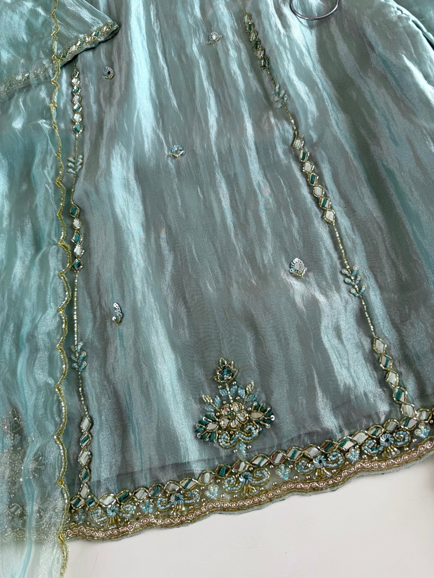 K332 - Glass tissue silk handwork short Kurti with pants and dupatta