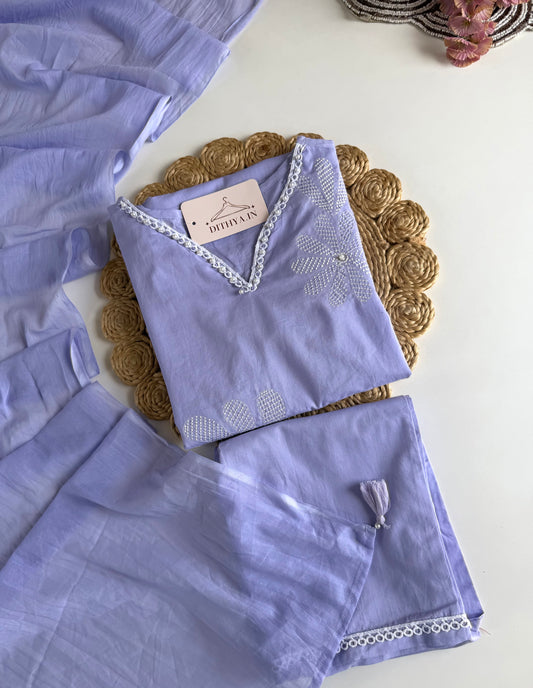 K391 - Mul cotton embroidered straight Kurti with pants and dupatta