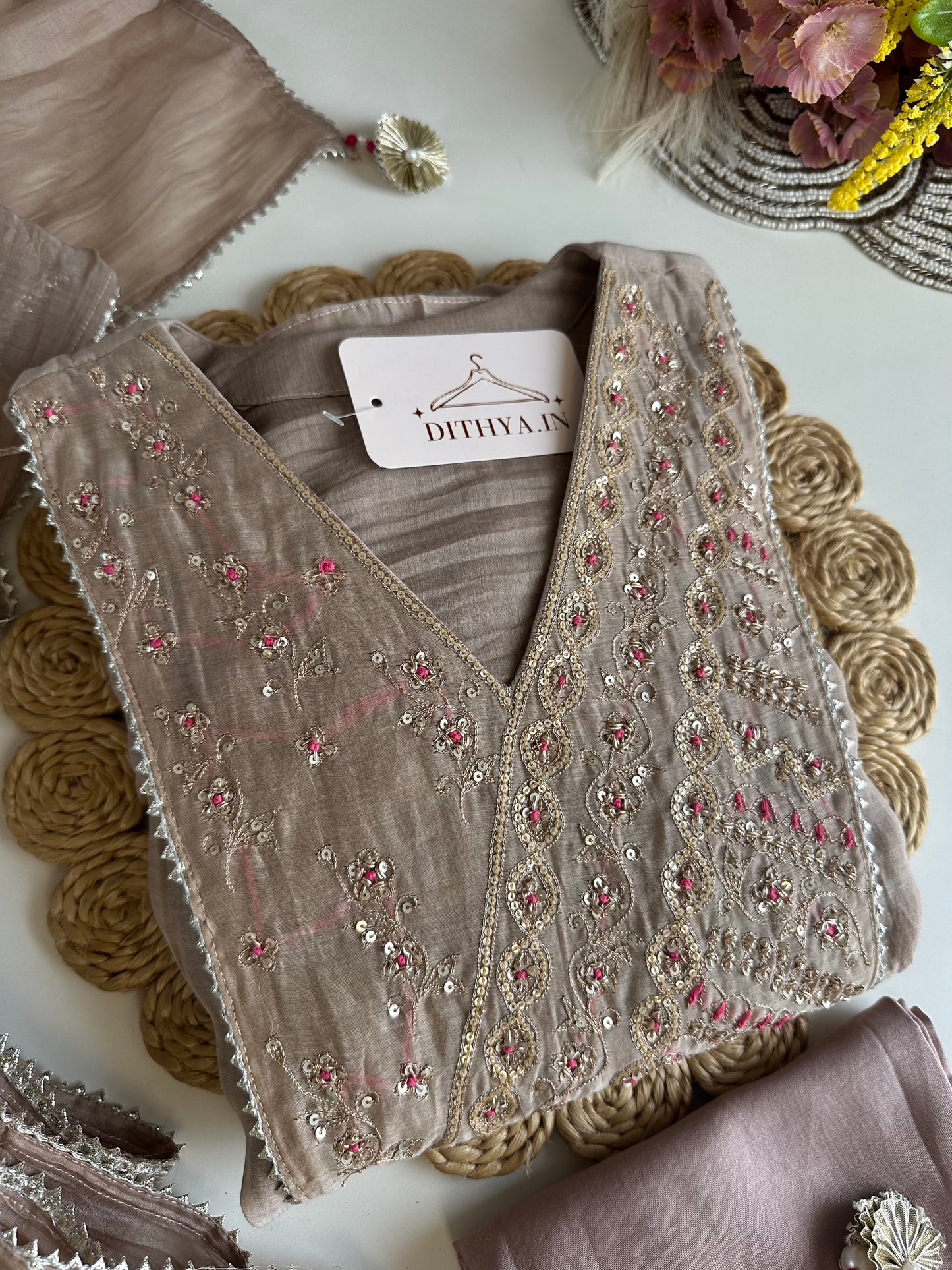 K486 - Mul Chanderi handwork Anarkali with pants and dupatta