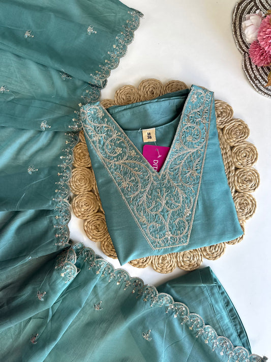 K457 - Roman silk zari work Aline Kurti with pants and dupatta in 2 colours