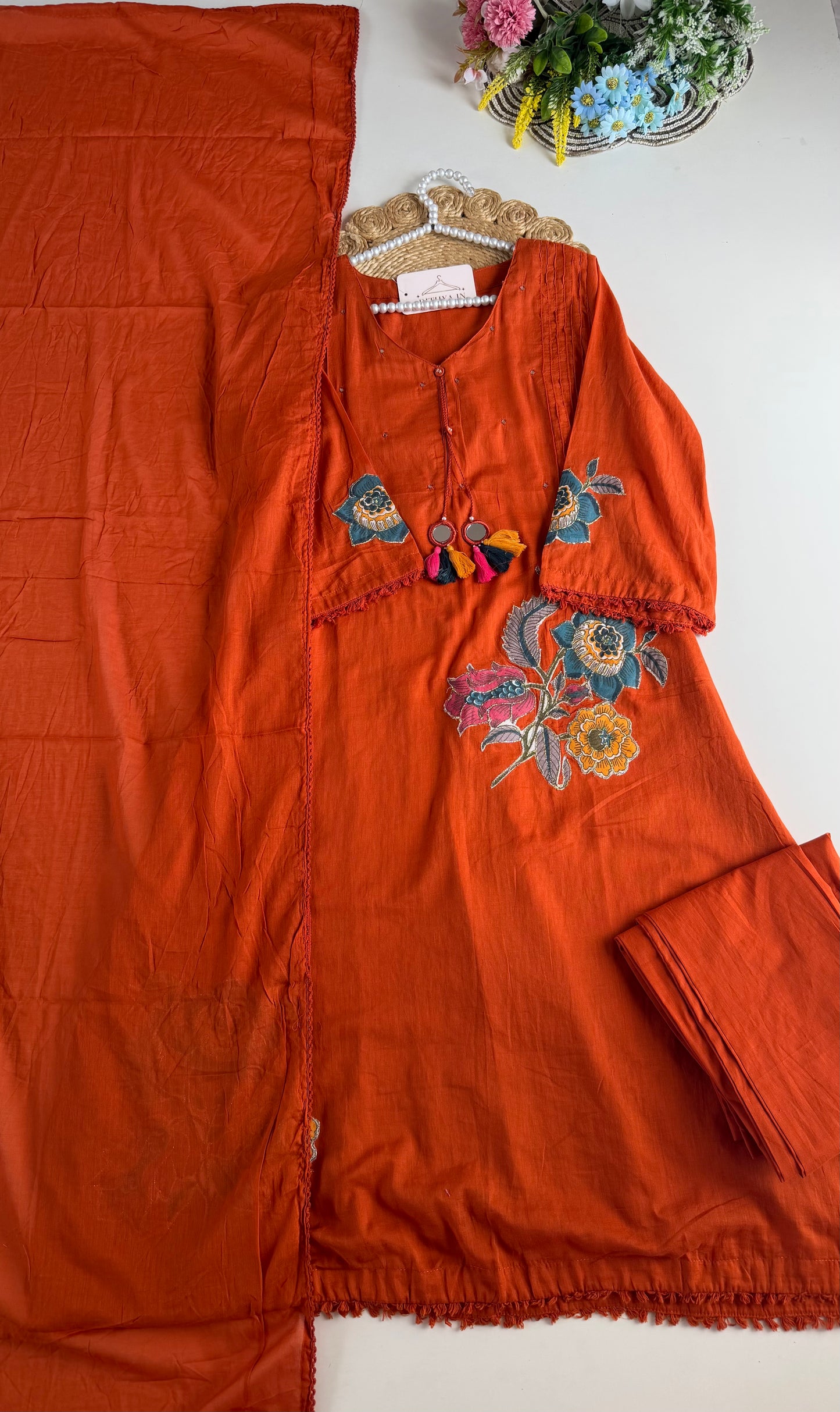 K686 - Cotton appliqué Aline Kurti with pants and dupatta