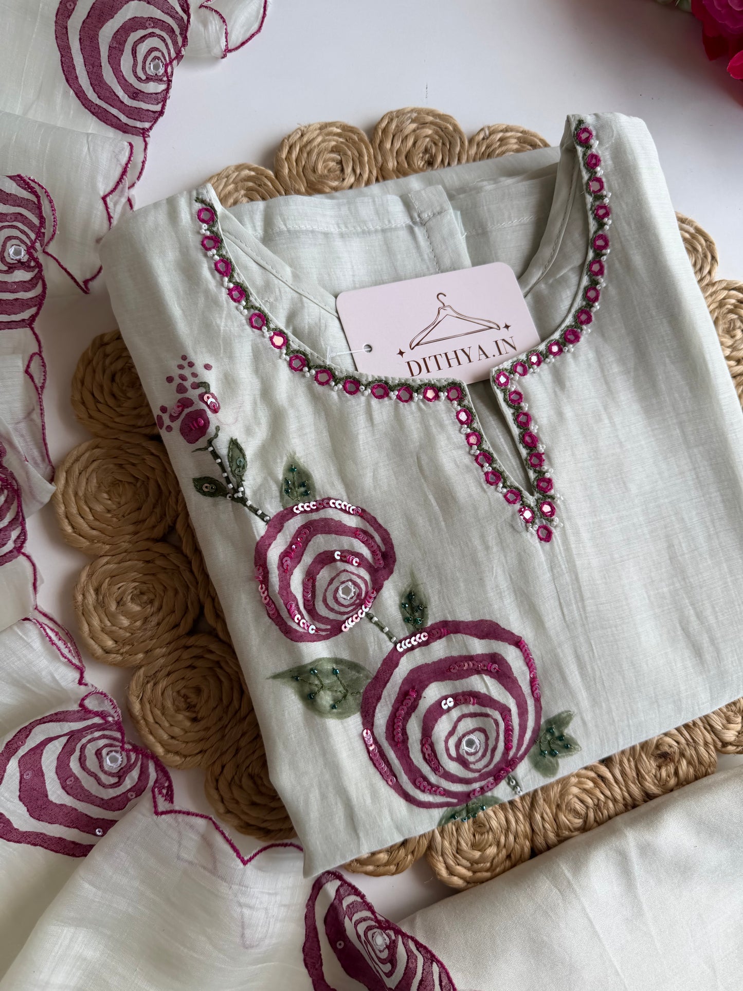 K280 - Mul chanderi handwork straight Kurti with pants and dupatta