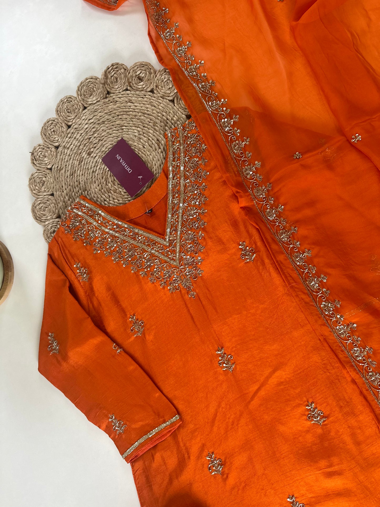 K304 - Handwork Russian silk Straight kurti with pants and dupatta .