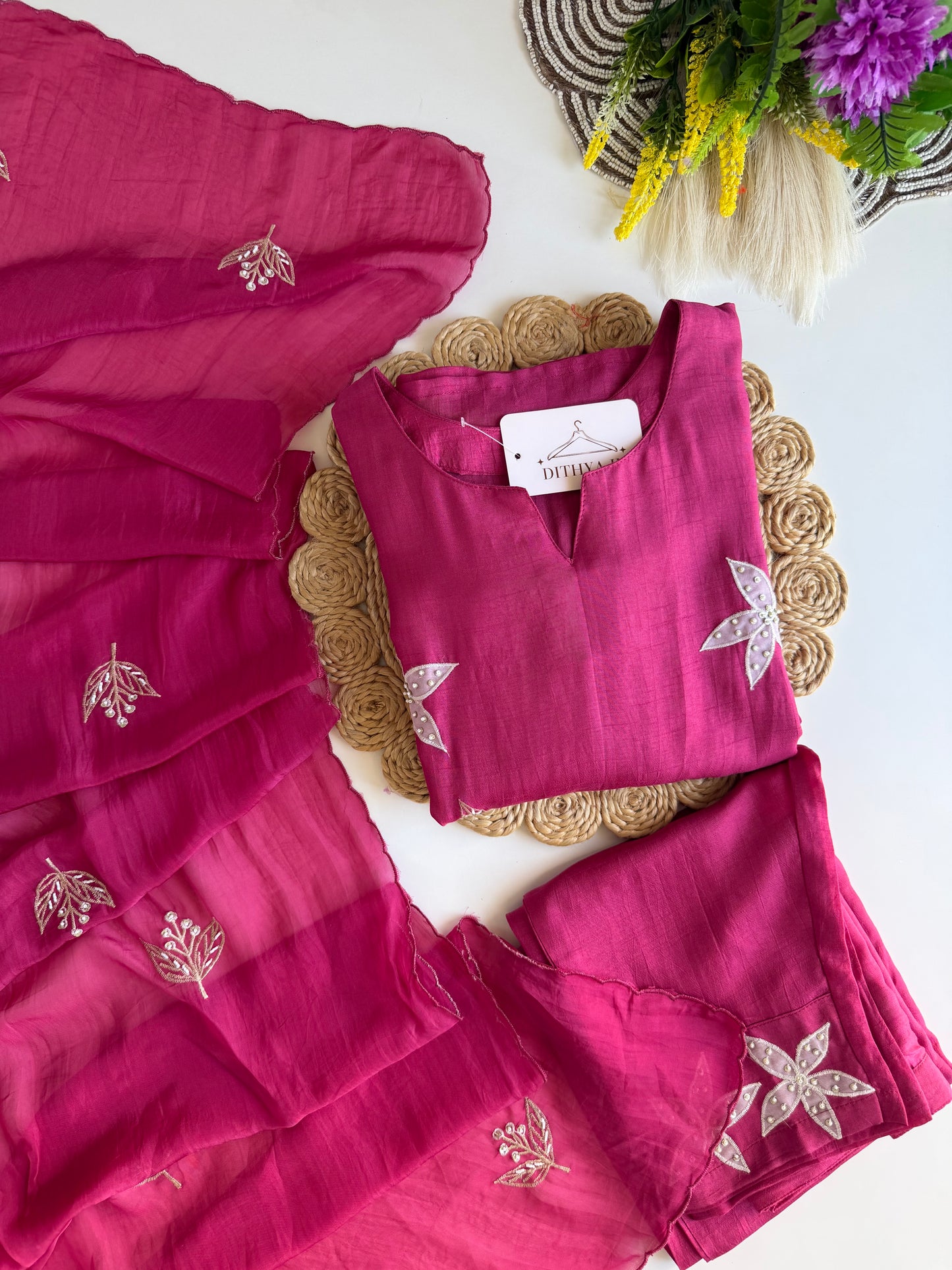 K544 - Russian silk appliqué work straight Kurti with pants and dupatta