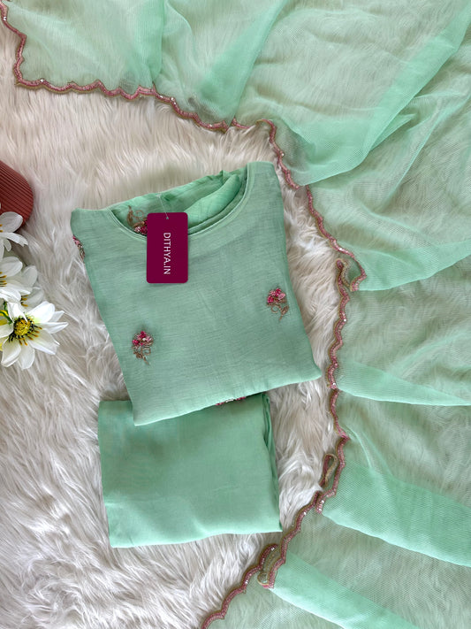 K259 - Mul Chanderi handwork Aline Kurti with pants and dupatta