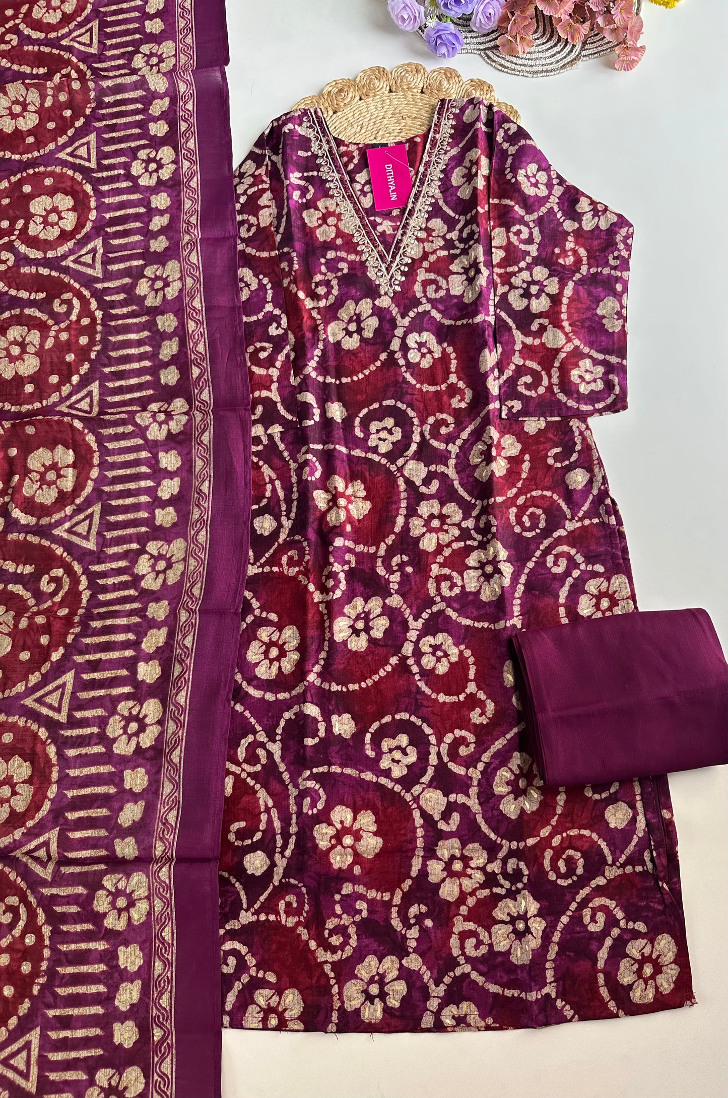 K104 - Rayon foil print straight kurti with pants and dupatta