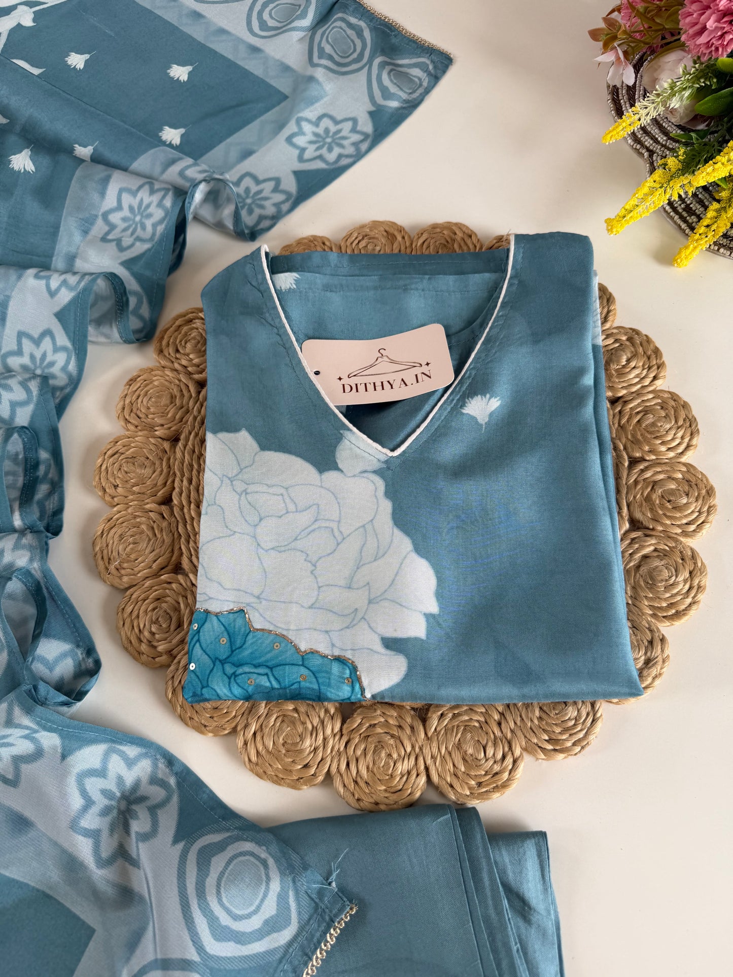 K664 - Muslin printed straight Kurti with pants and dupatta