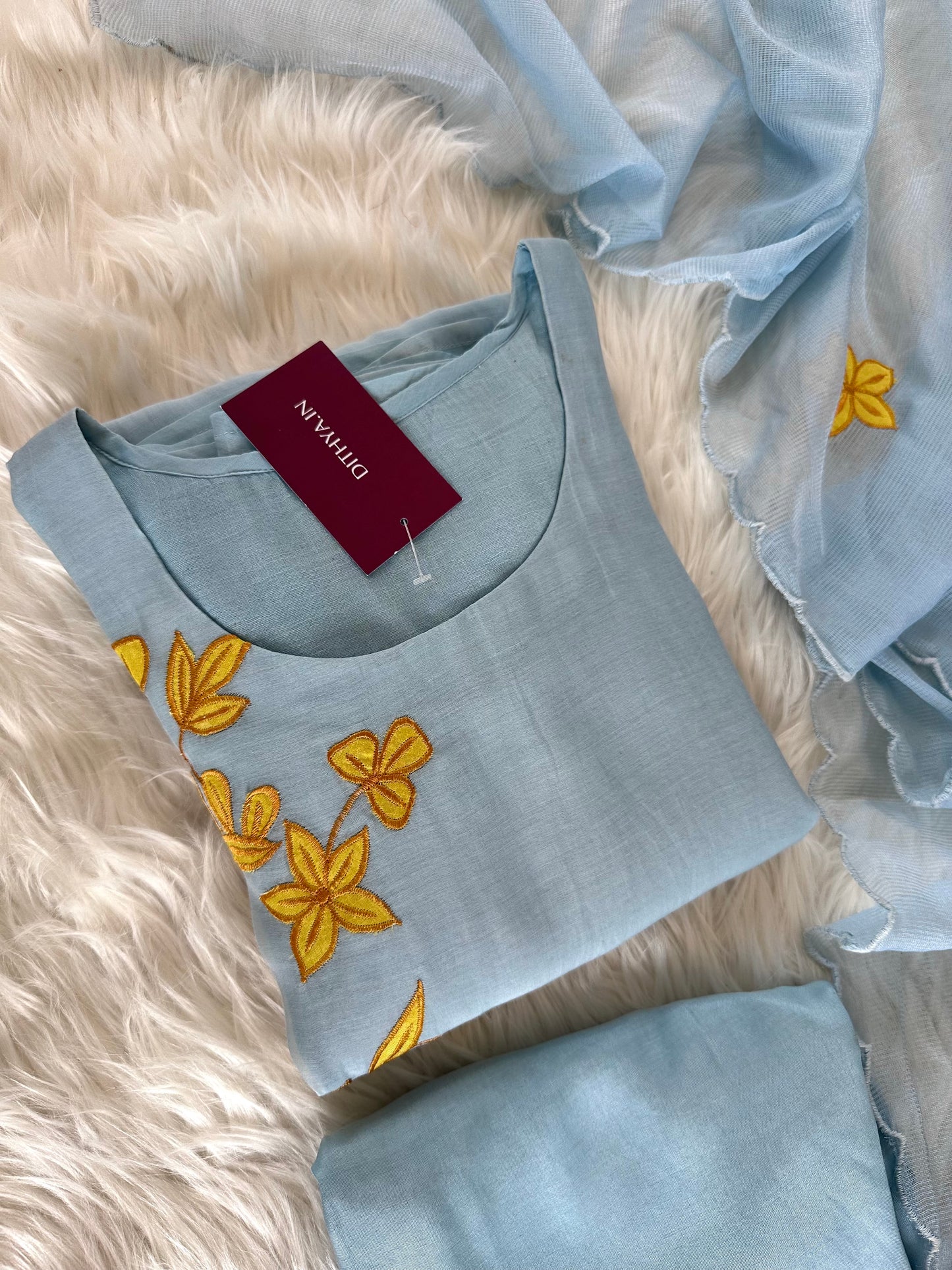 K037 - Mul Chanderi appliqué work Aline Kurti with pants and dupatta