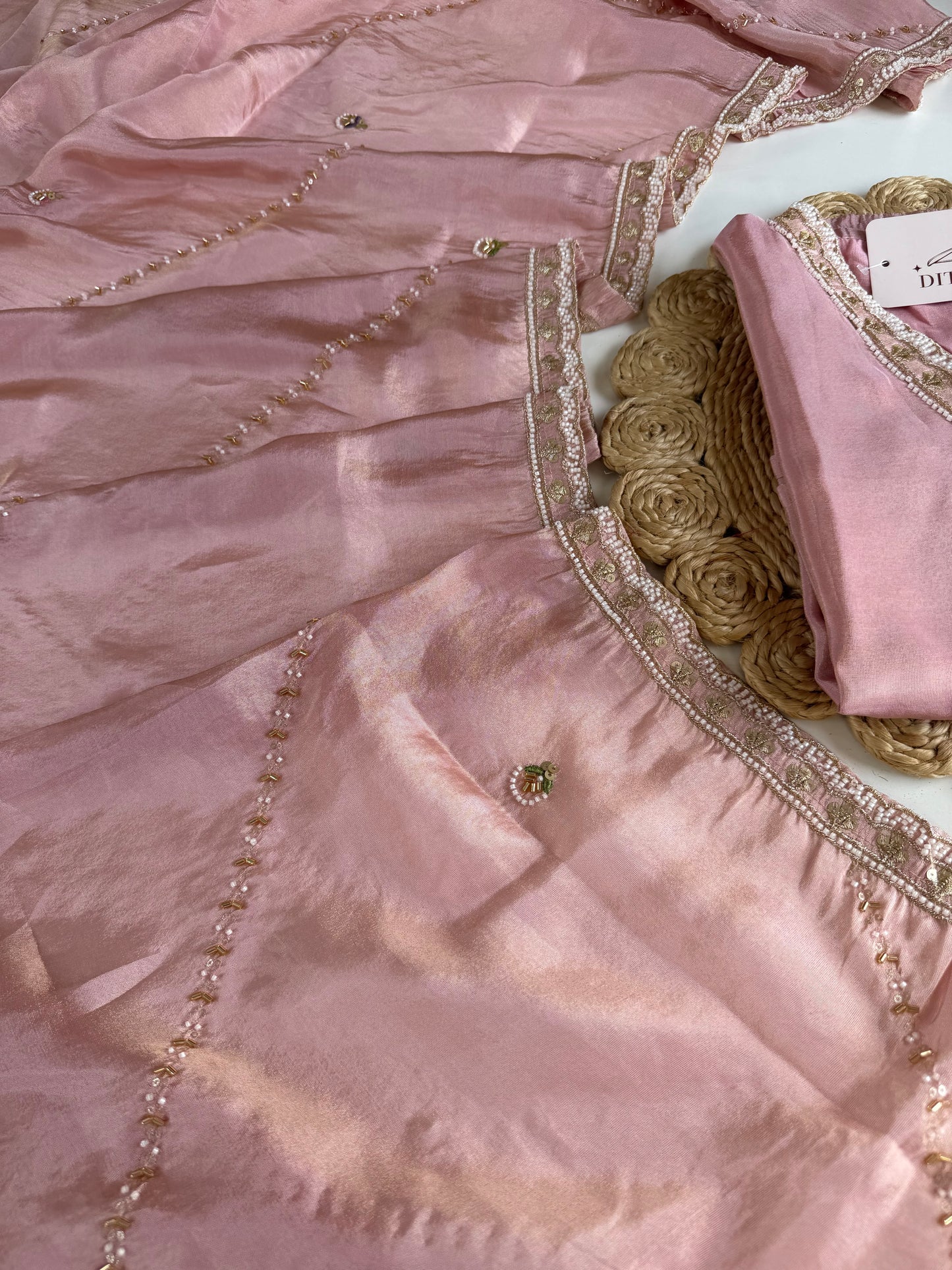 K627 - Tissue silk handwork straight Kurti with pants and dupatta