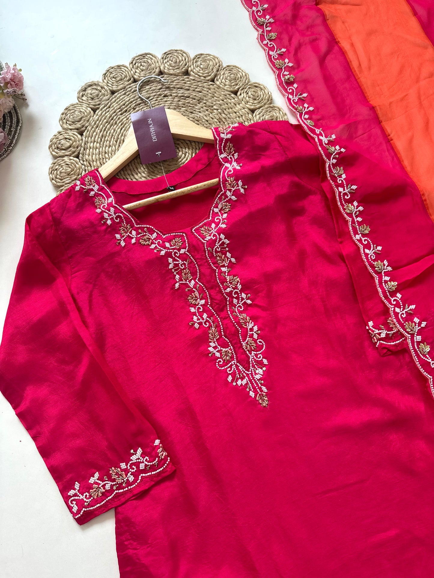 K033 - Russian silk handwork straight kurti with pants and dupatta