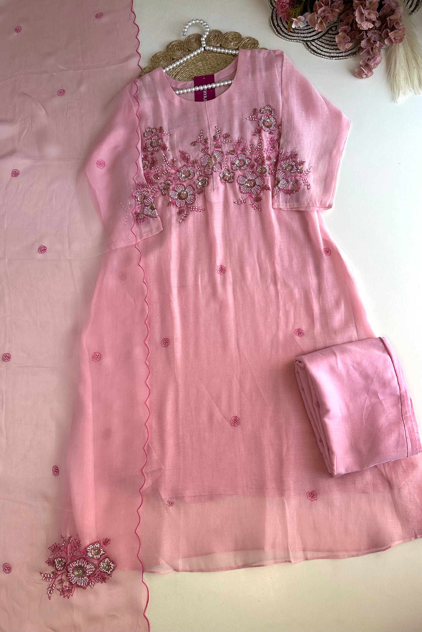 K420 - Mul Chanderi handwork Aline Kurti with pants and dupatta