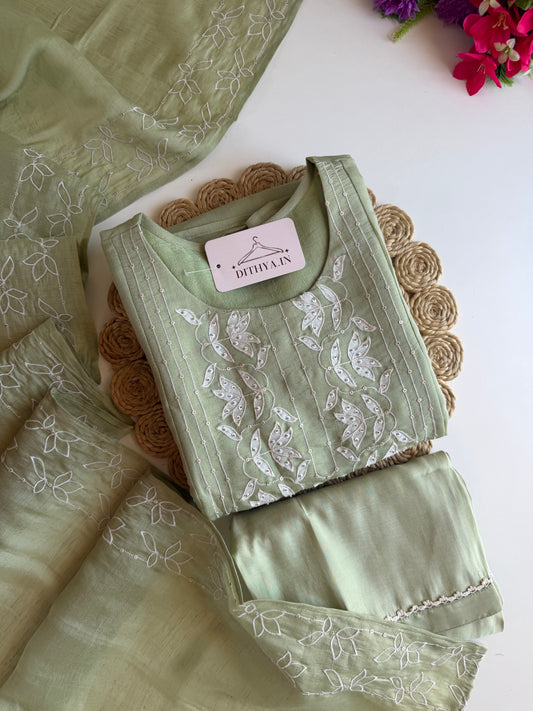 K361 - Muslin cotton embroidered Aline Kurti with pants and dupatta