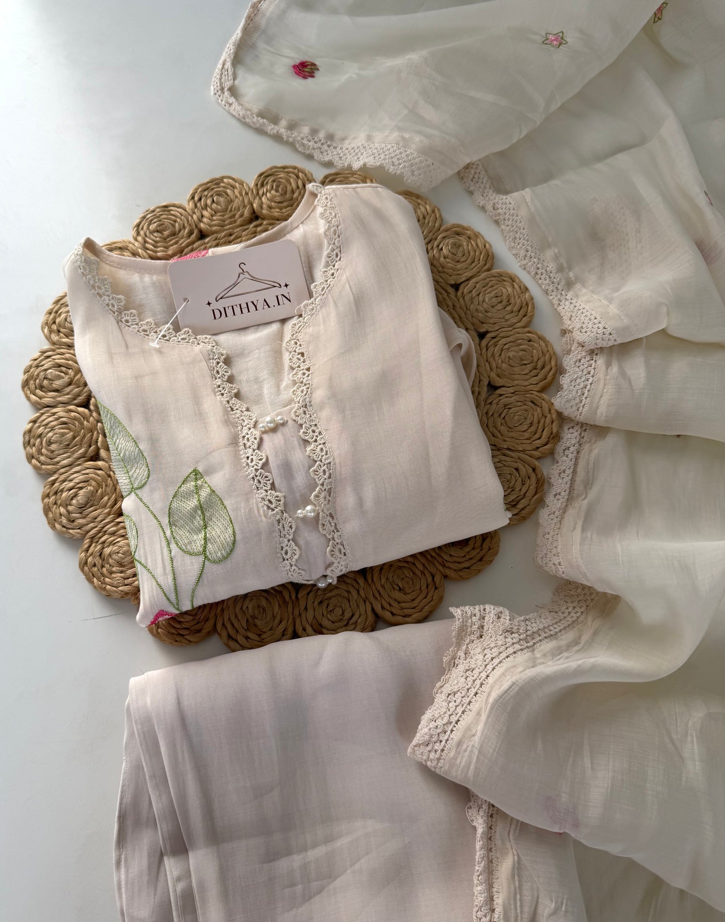 K345 - Muslin silk embroidered straight Kurti with pants and dupatta in 2 colours