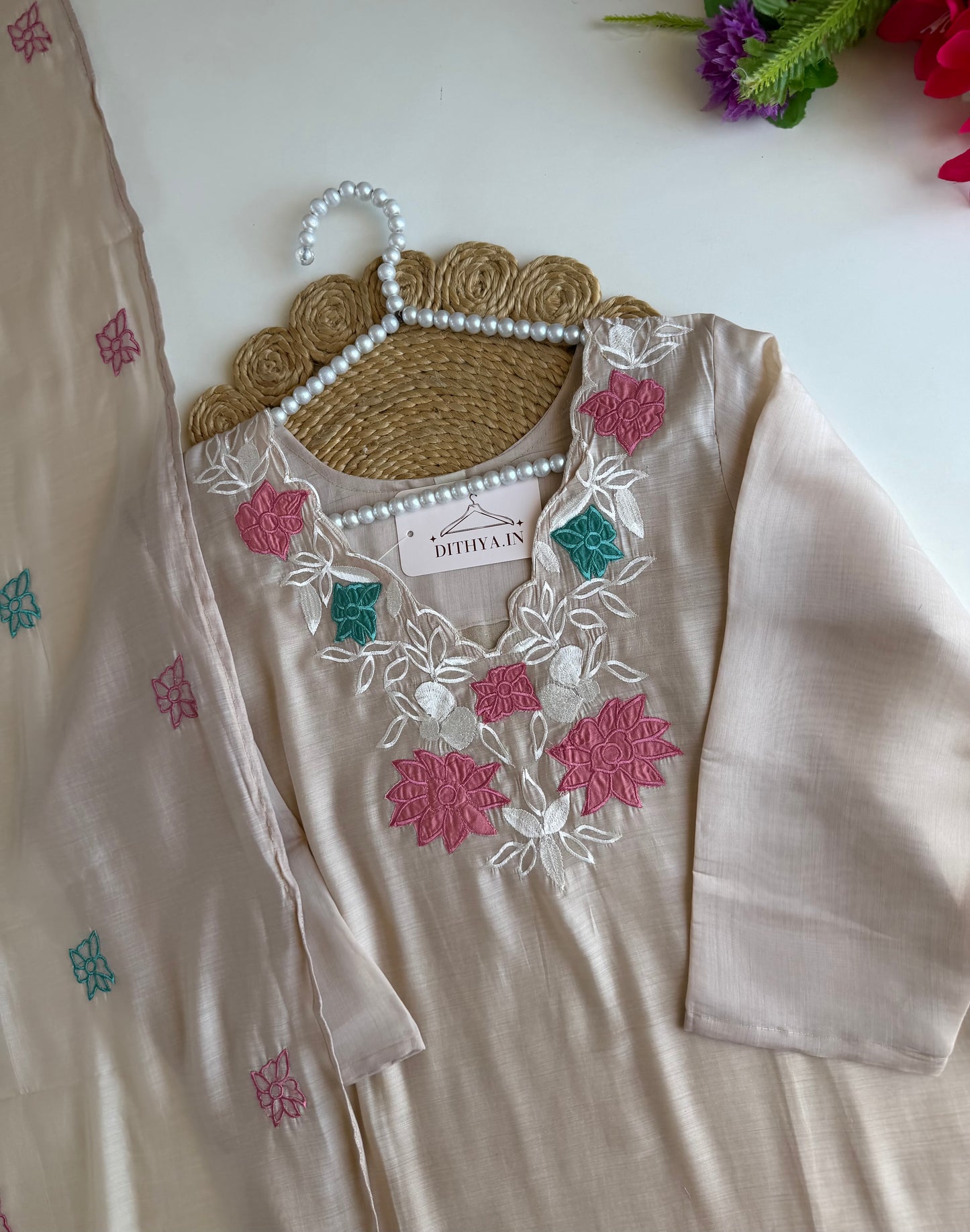 K577 - Surat mul chanderi appliqué work straight Kurti with pants and dupatta