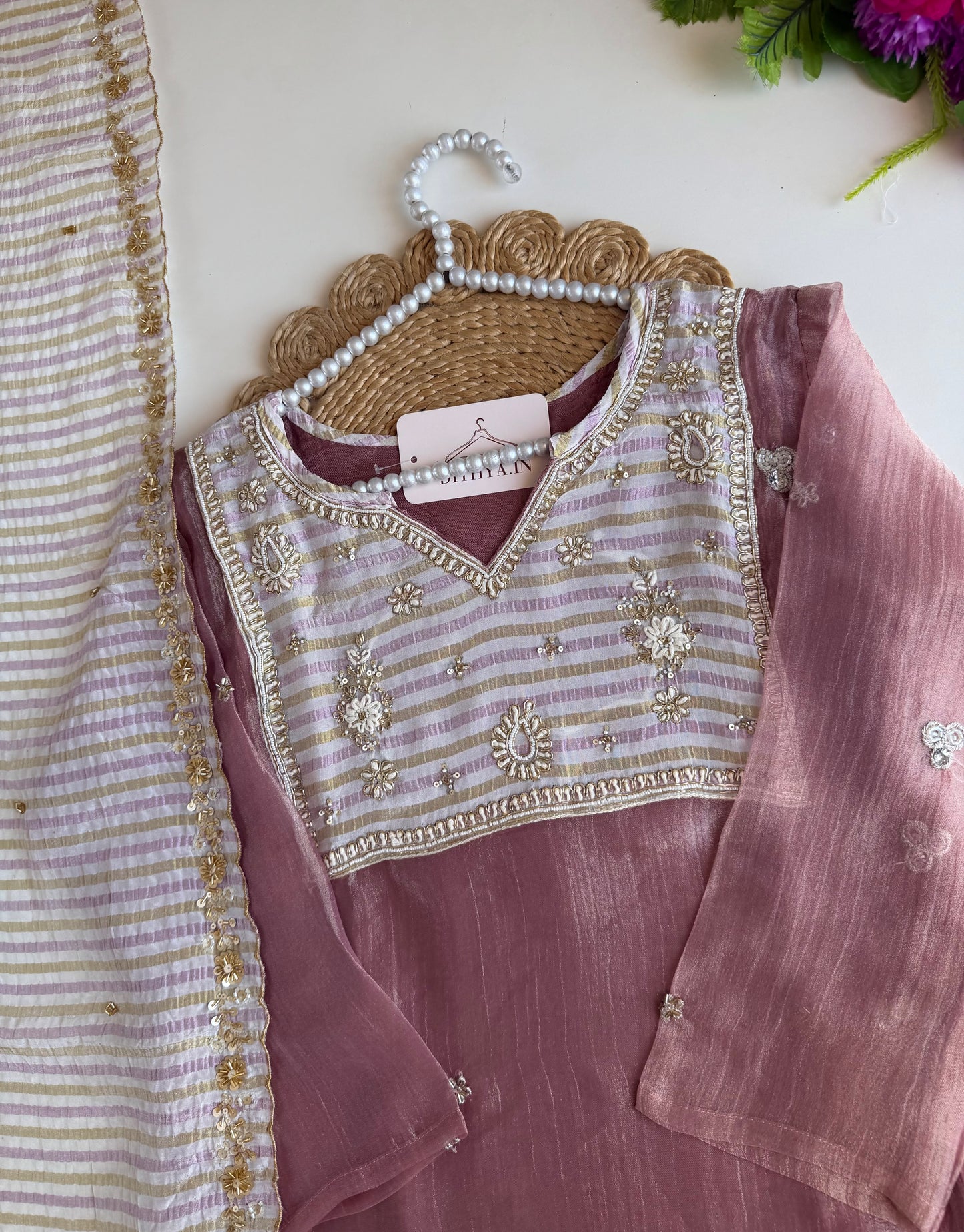 K684 - Crushed tissue handwork Aline Kurti with pants and dupatta