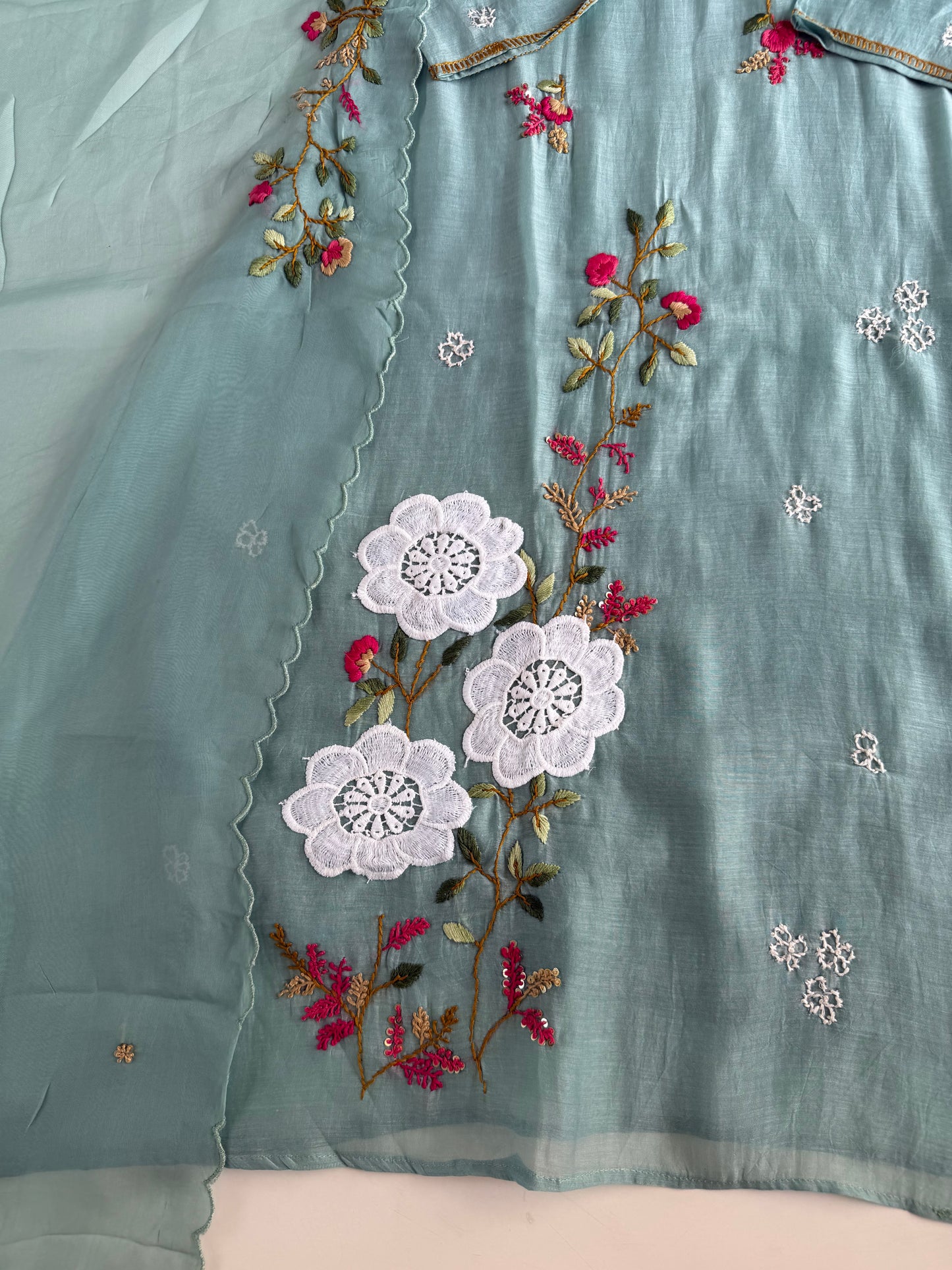 K411 - Mul chanderi appliqué embroidered Aline Kurti with pants and dupatta