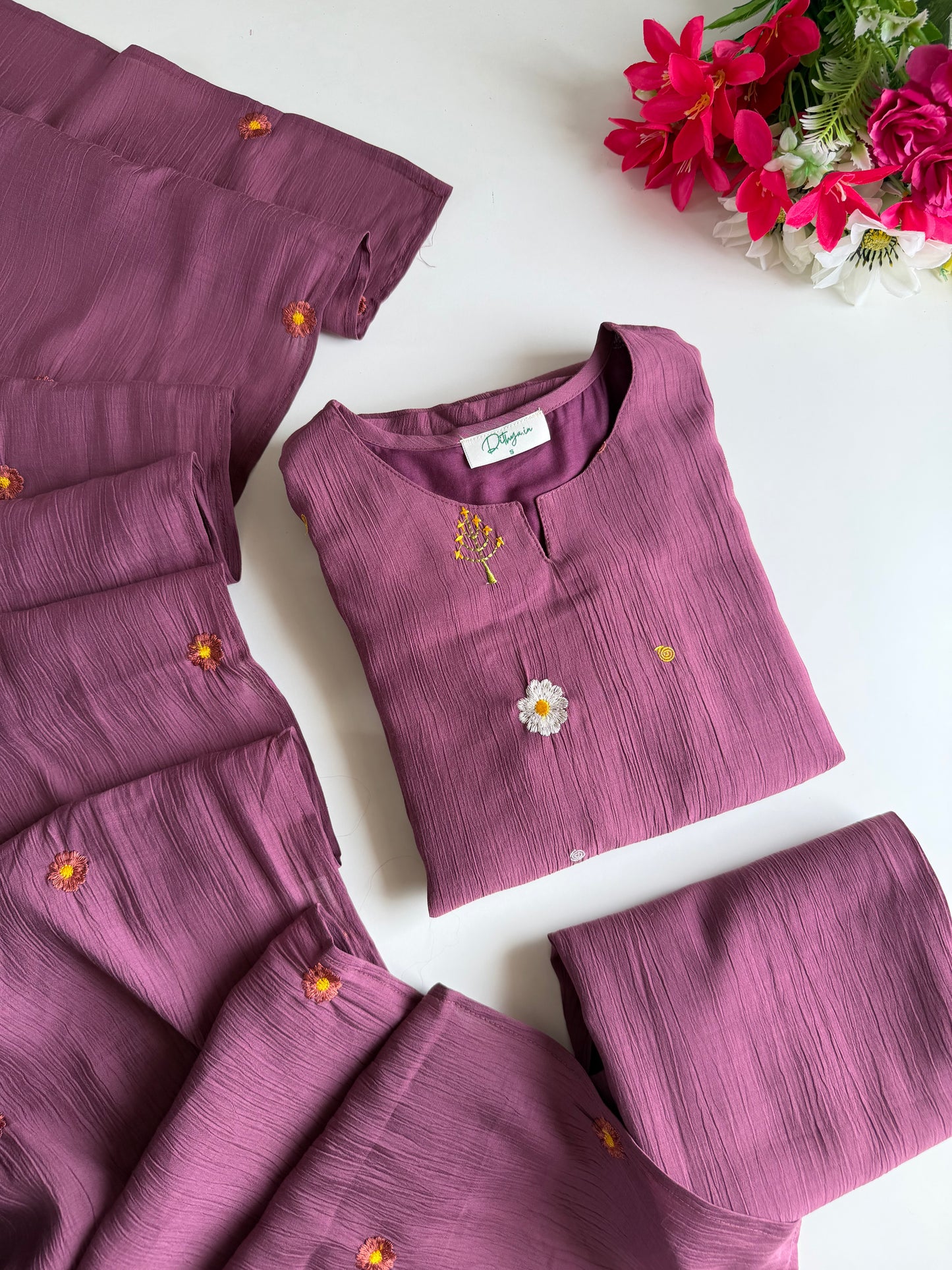K445 - Imported crush cotton embroidered Aline Kurti with pants and dupatta