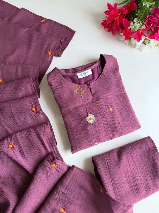 K445 - Imported crush cotton embroidered Aline Kurti with pants and dupatta