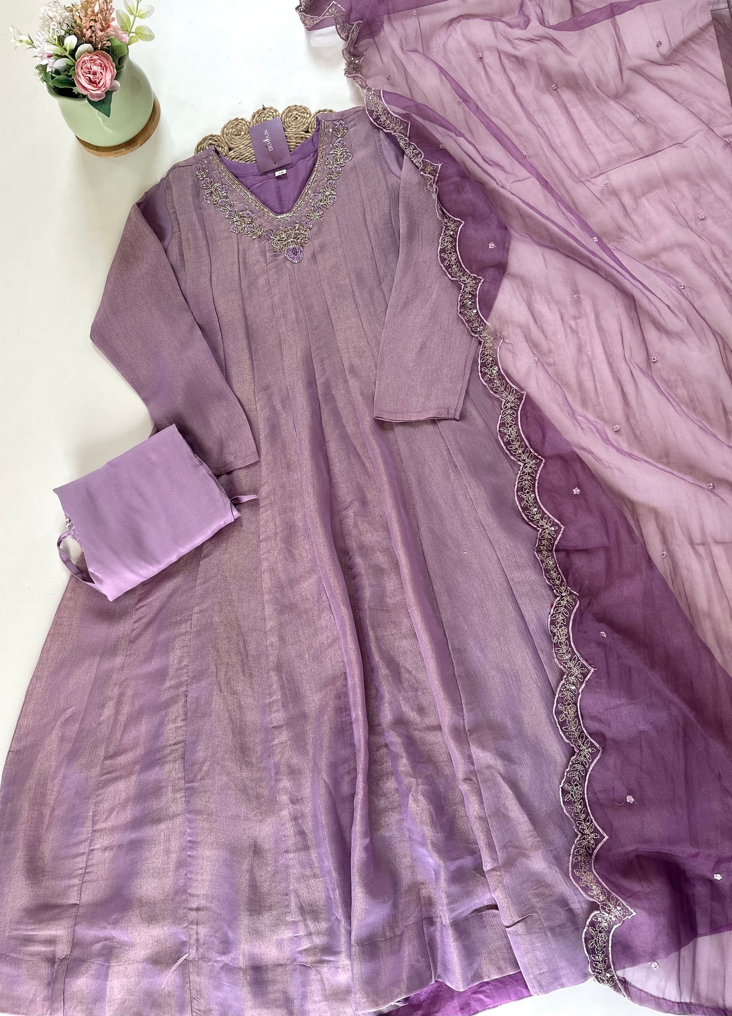 K305 - Tissue silk Handwork Anarkali with pants and organza dupatta .