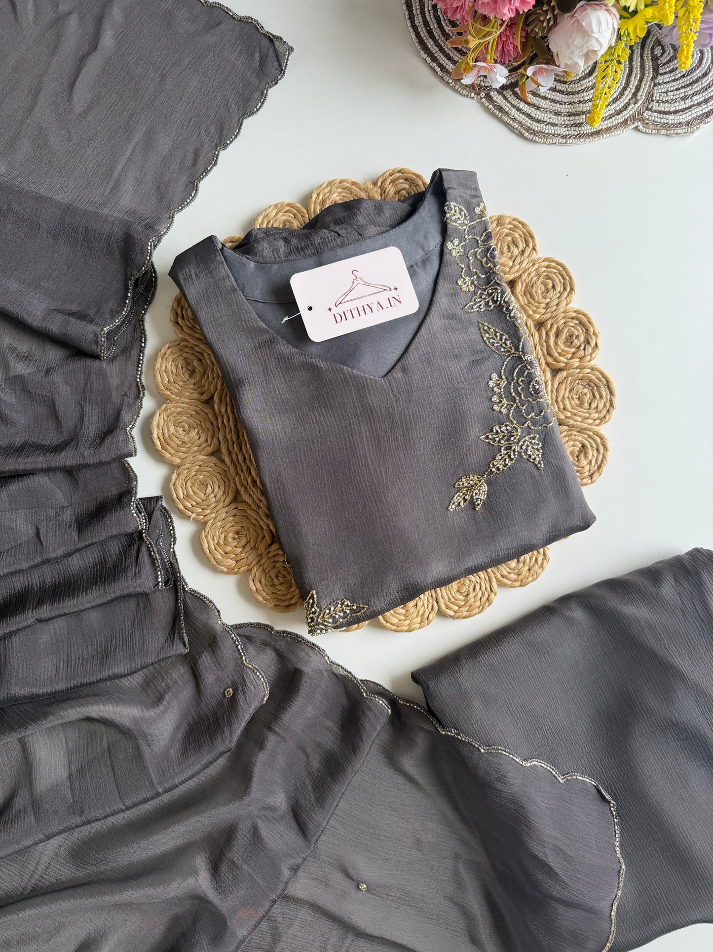 K114 - Pure Chinnon handwork aline Kurti with pants and dupatta