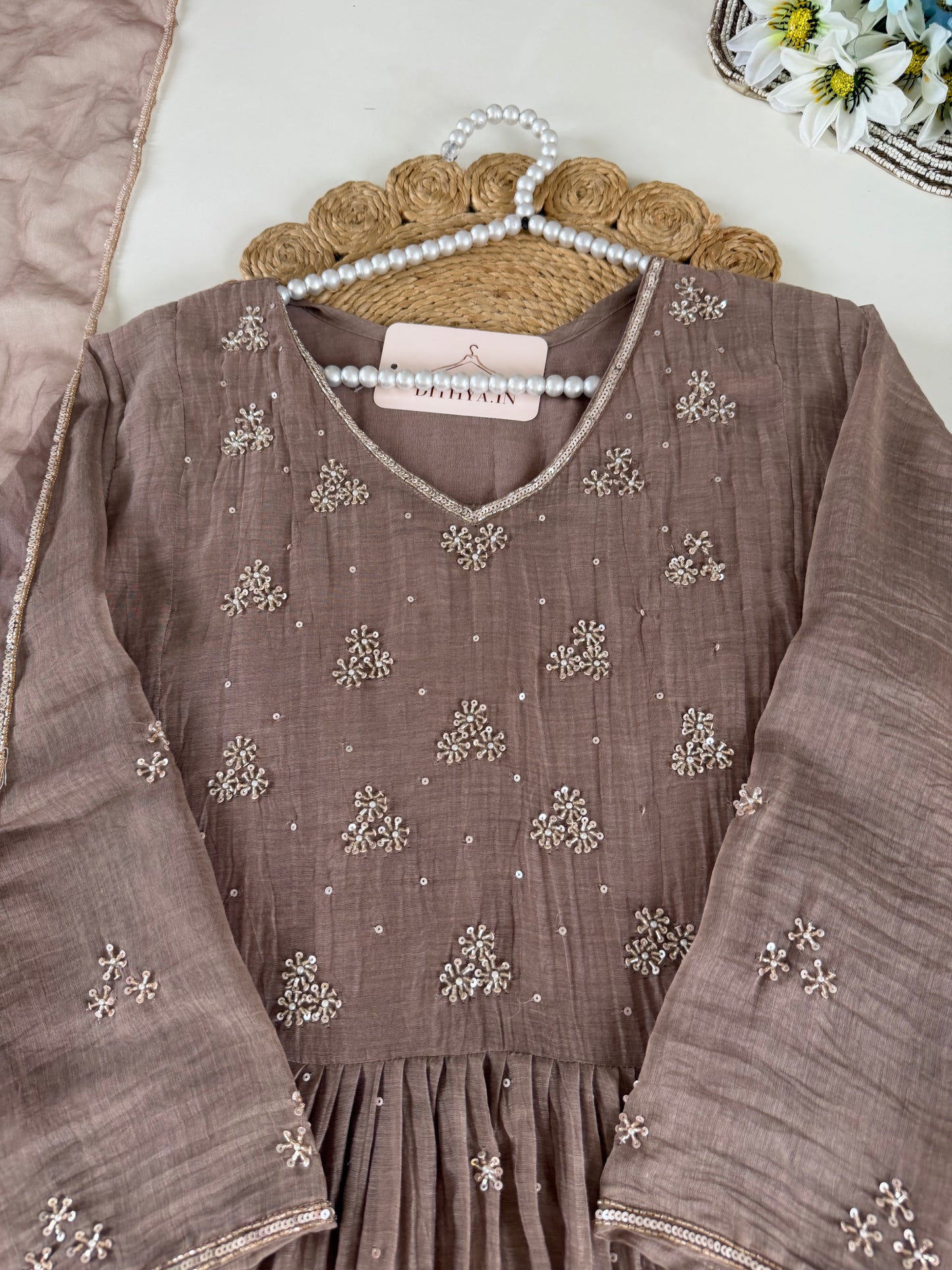 K229 - Mul chanderi handwork Anarkali with pants and dupatta