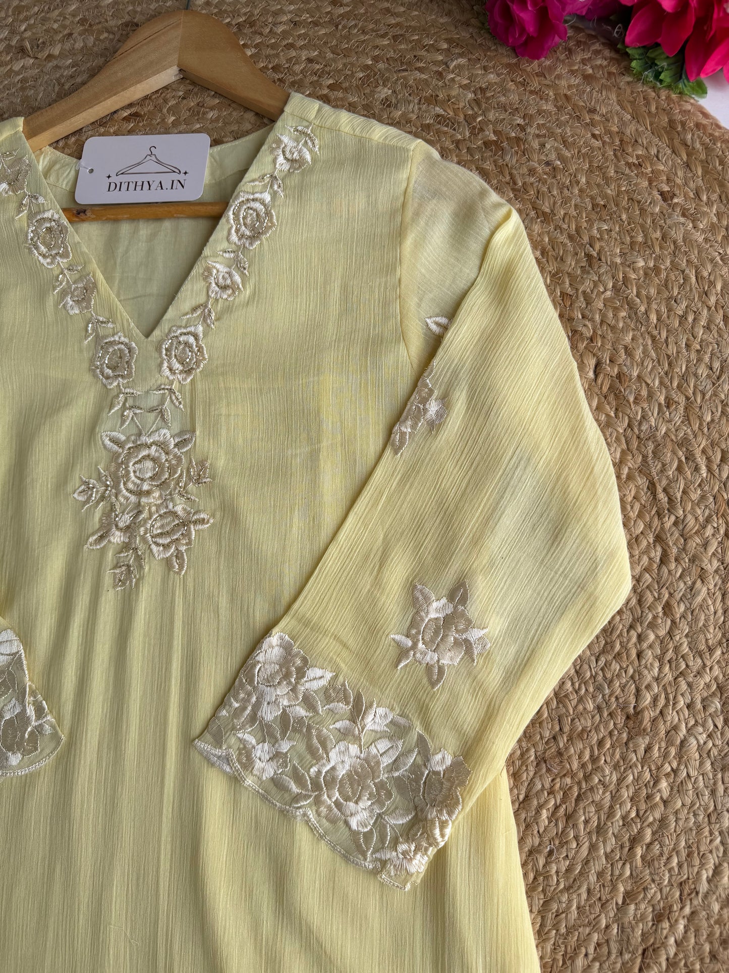 K205 - Crushed mul chanderi embroidered straight Kurti with pants and dupatta