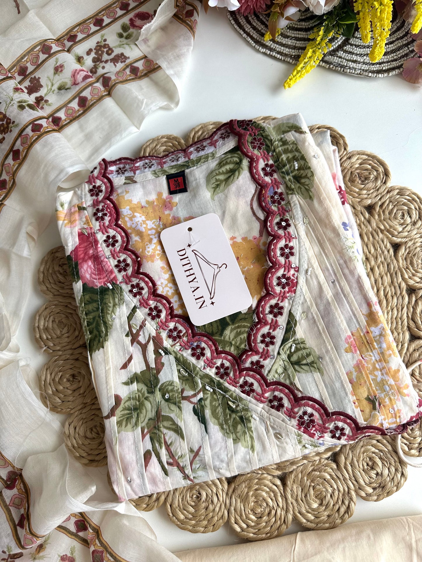 K465 - Mul cotton pleated floral Aline Kurti with pants and dupatta