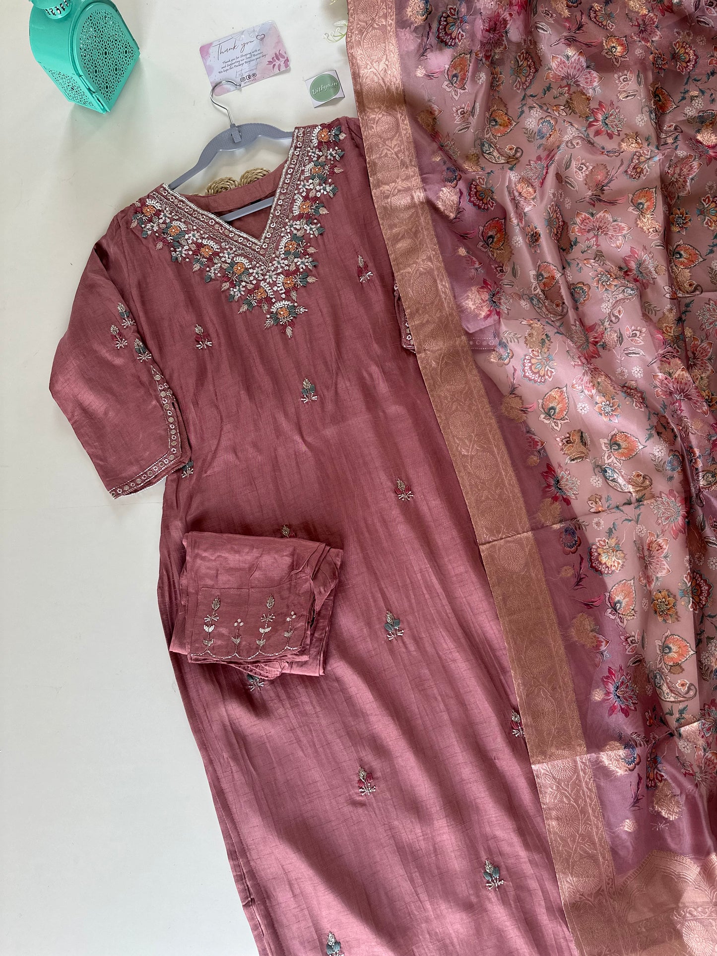 K160 - Russian silk Kurti with pants and organza Floral dupatta .