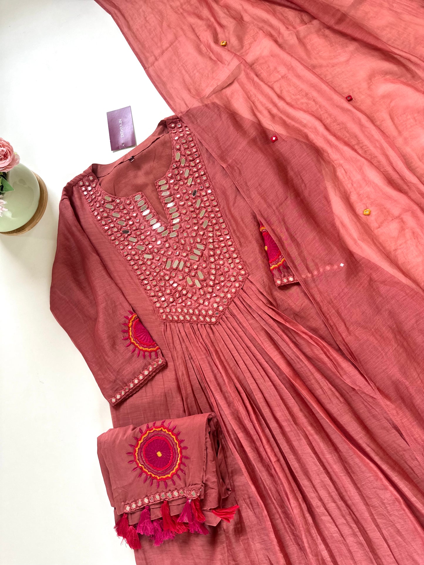 K052 - Pure Mul Chanderi mirror work  Anarkali with pants and dupatta.