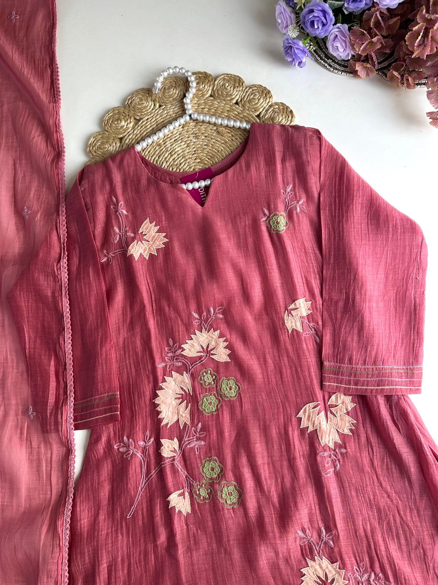 K030 - Mul Chanderi Appliqué work Aline Kurti with pants and dupatta