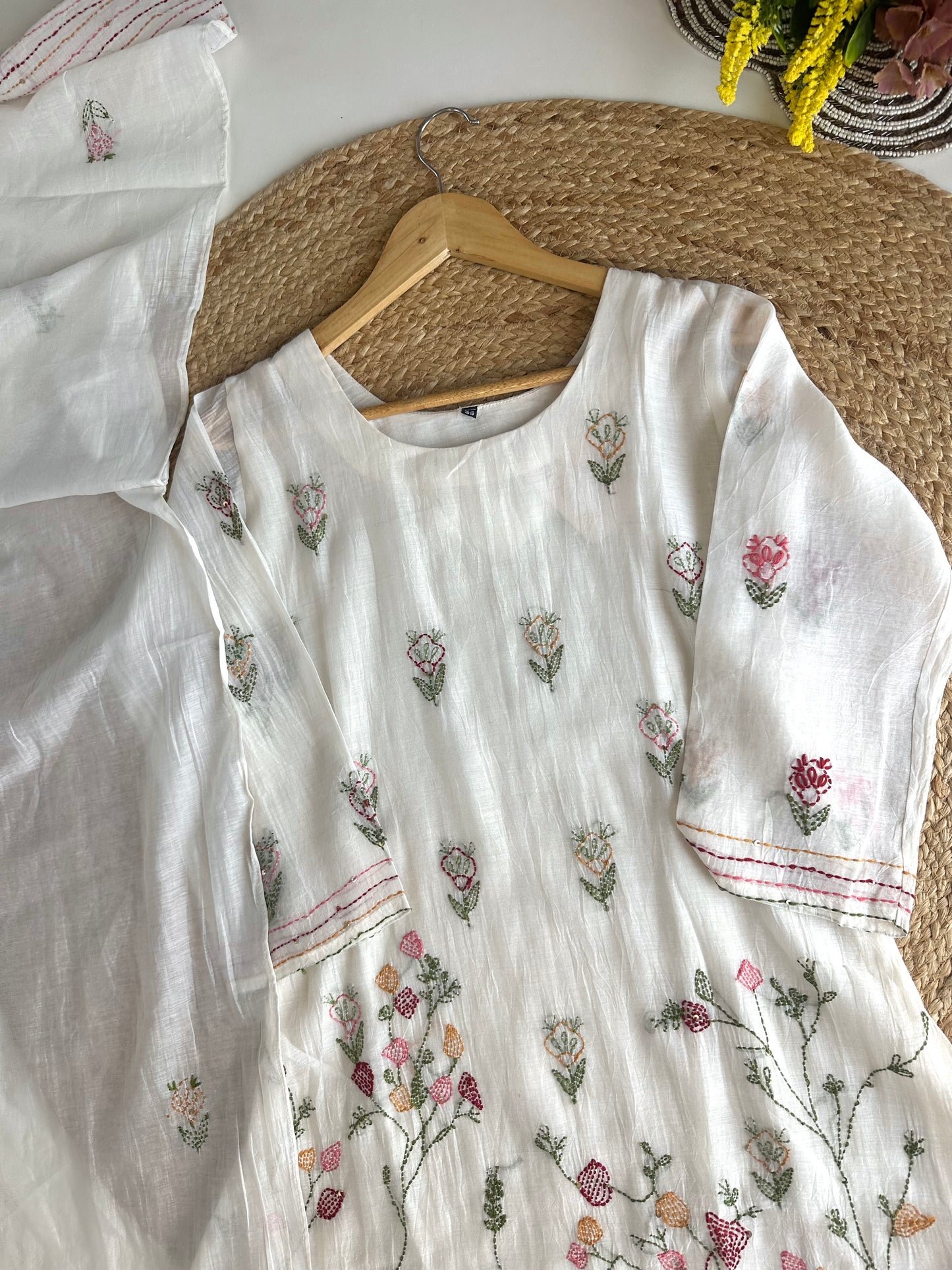 K463 - Mul Chanderi embroidered Aline Kurti with pants and dupatta
