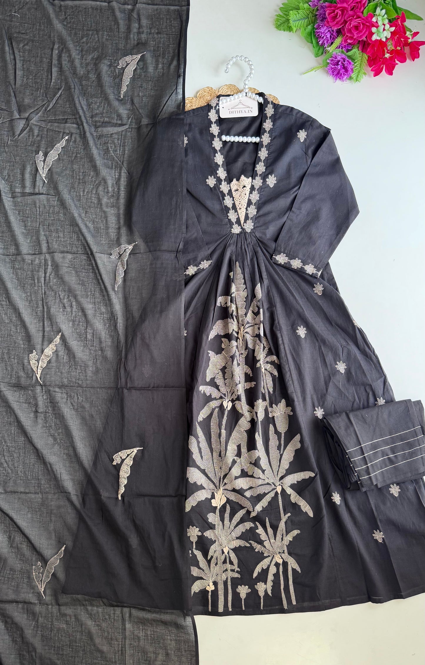 K032 - Mul cotton embroidered Anarkali with pants and dupatta