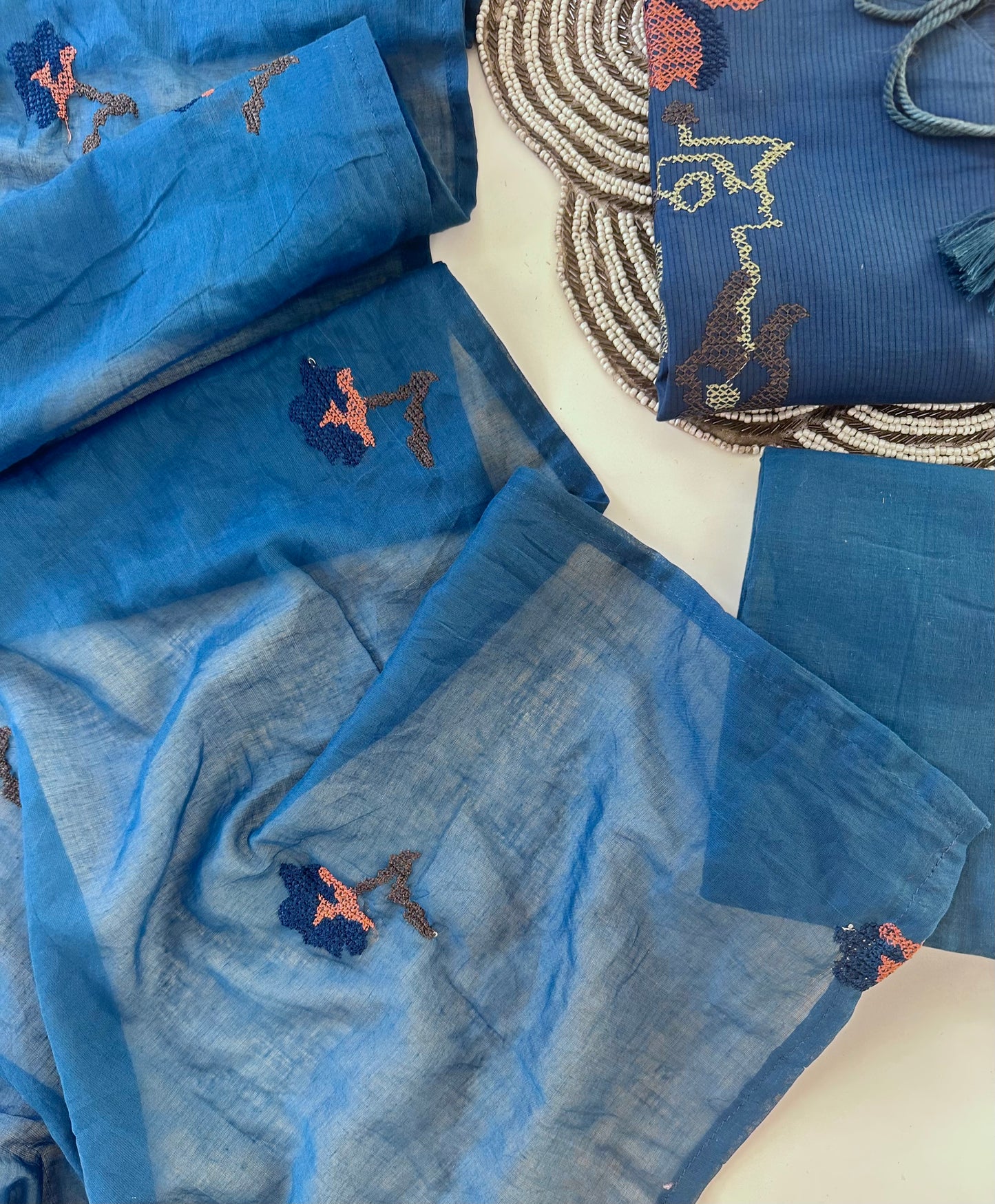 K649 - Mul cotton cross stitch straight Kurti with pants and dupatta