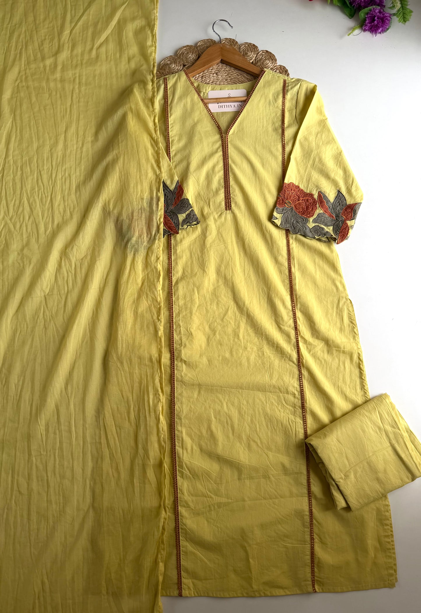 K256 - Mul cotton embroidered Aline Kurti with pants and dupatta