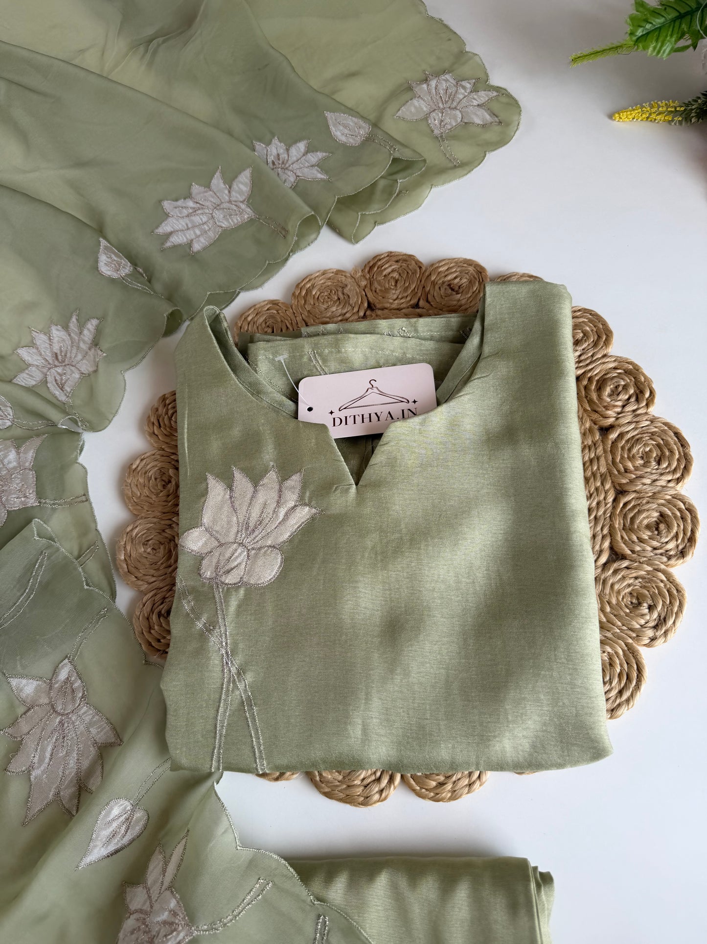 K229 - Dola silk appliqué work straight Kurti with pants and dupatta