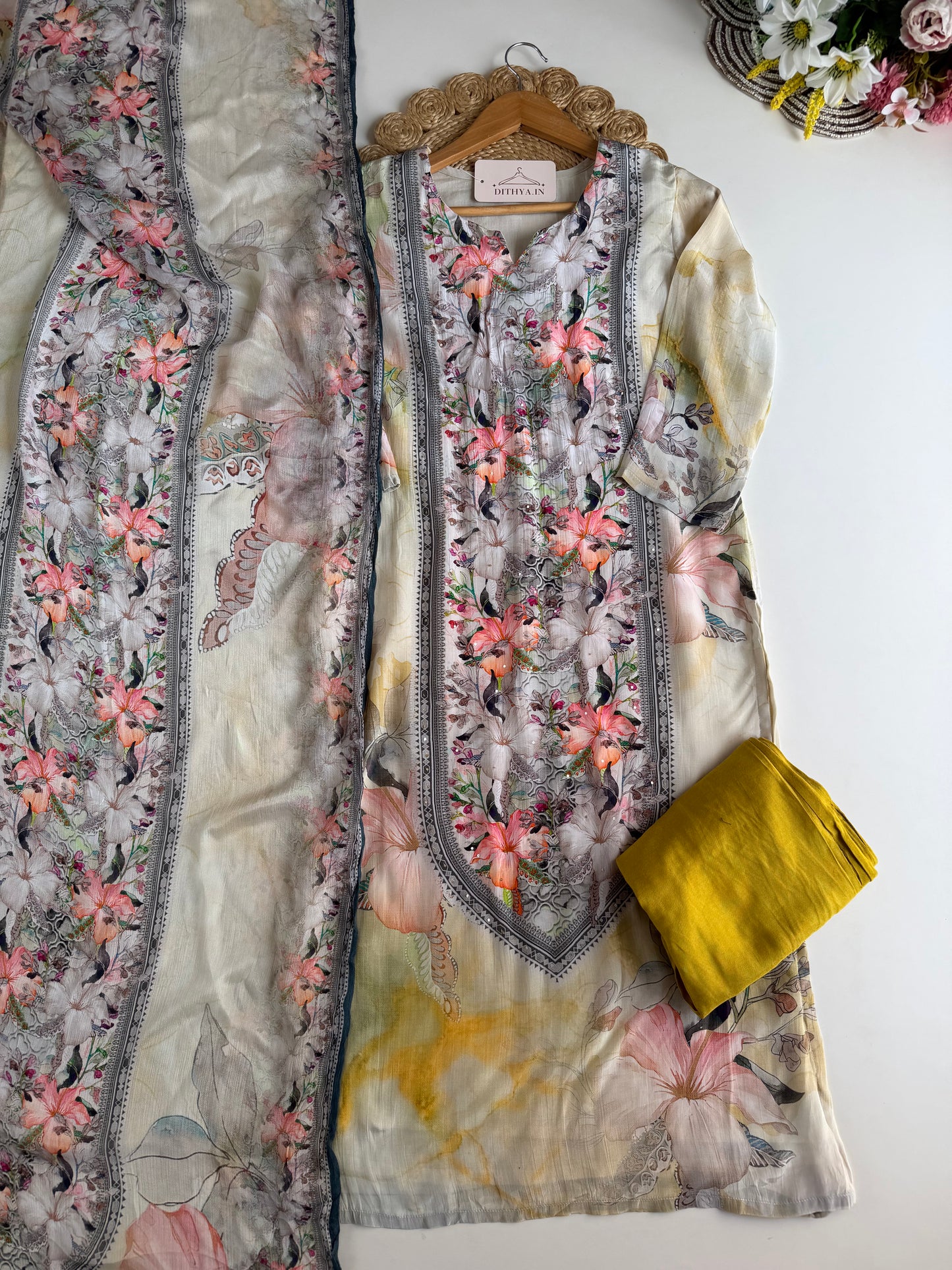 K039 - Viscose crape printed straight Kurti with pants and dupatta