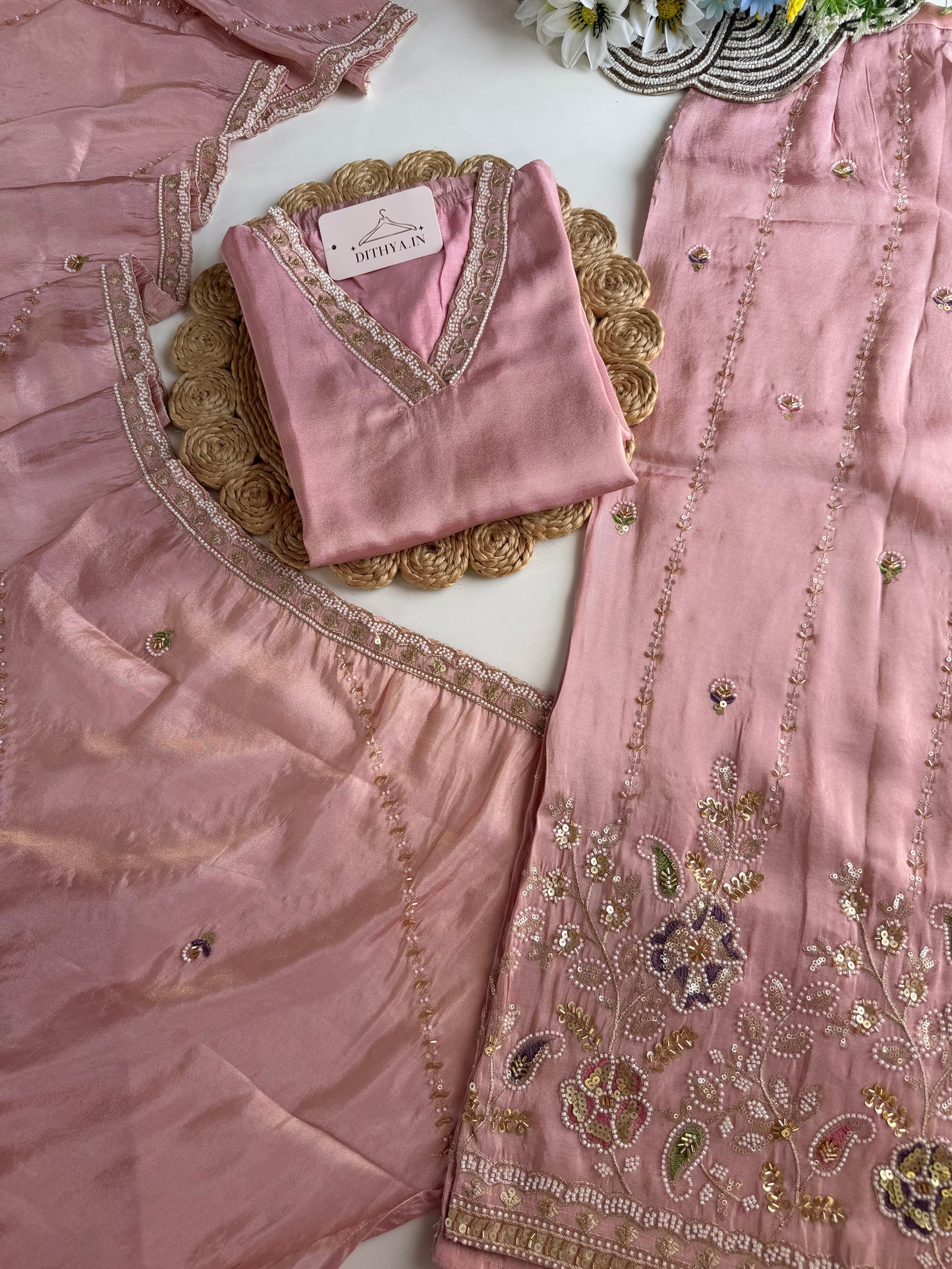 K627 - Tissue silk handwork straight Kurti with pants and dupatta